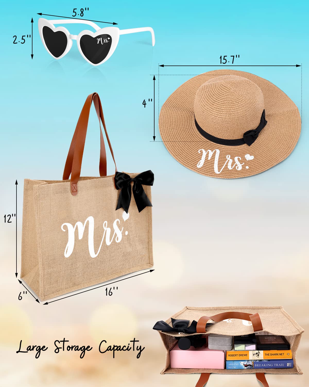 Percozzi Mrs. Tote Bag Sun Hat Glasses Set Bride-To-Be 2023 Bridal Shower Gift With Cute Heart Basket For Bride Wifey Honeymoon