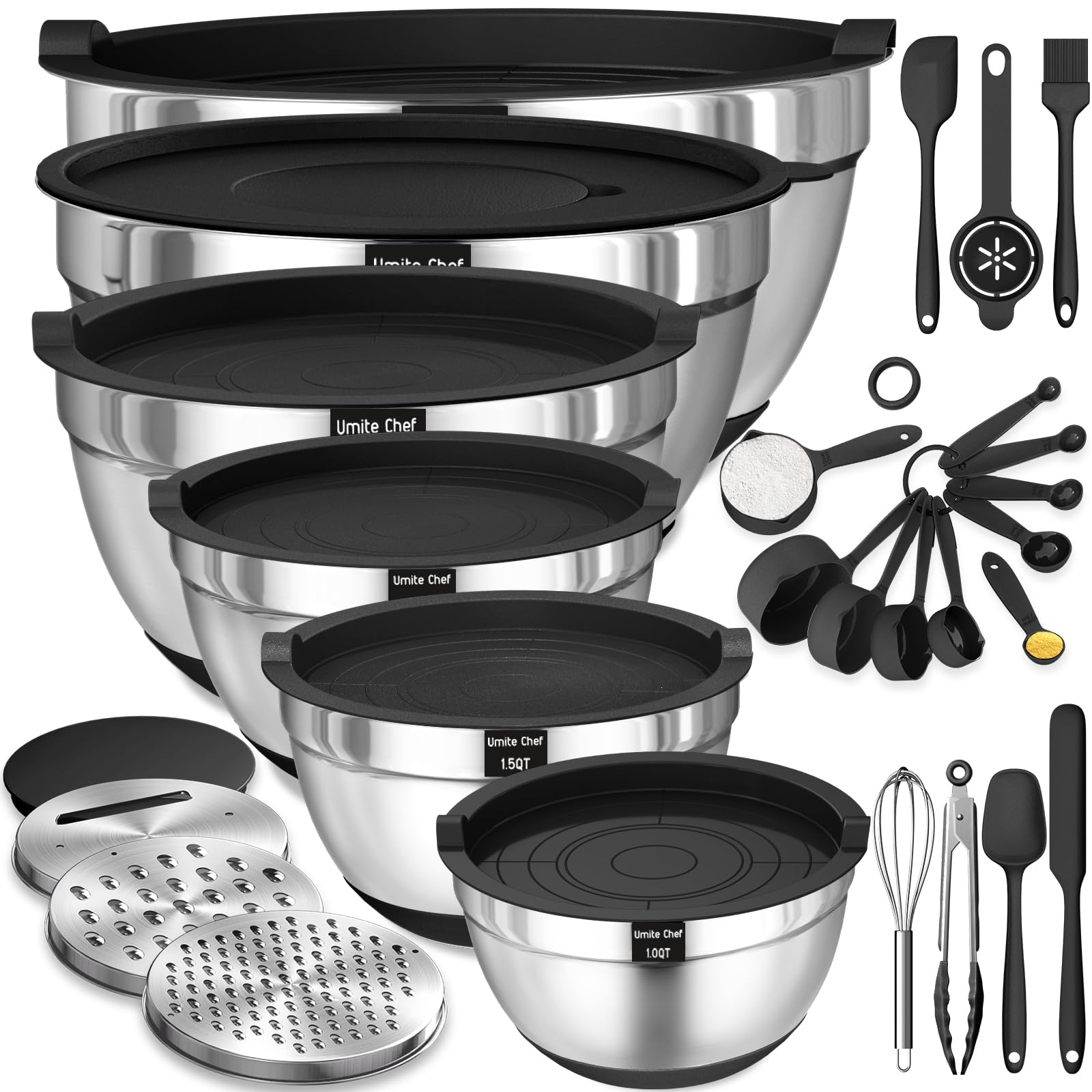 Umite Chef Mixing Bowls With Airtight Lids, 26Pcs Stainless Steel Bowls Set, 3 Grater Attachments & Black Non-Slip Bottoms Size