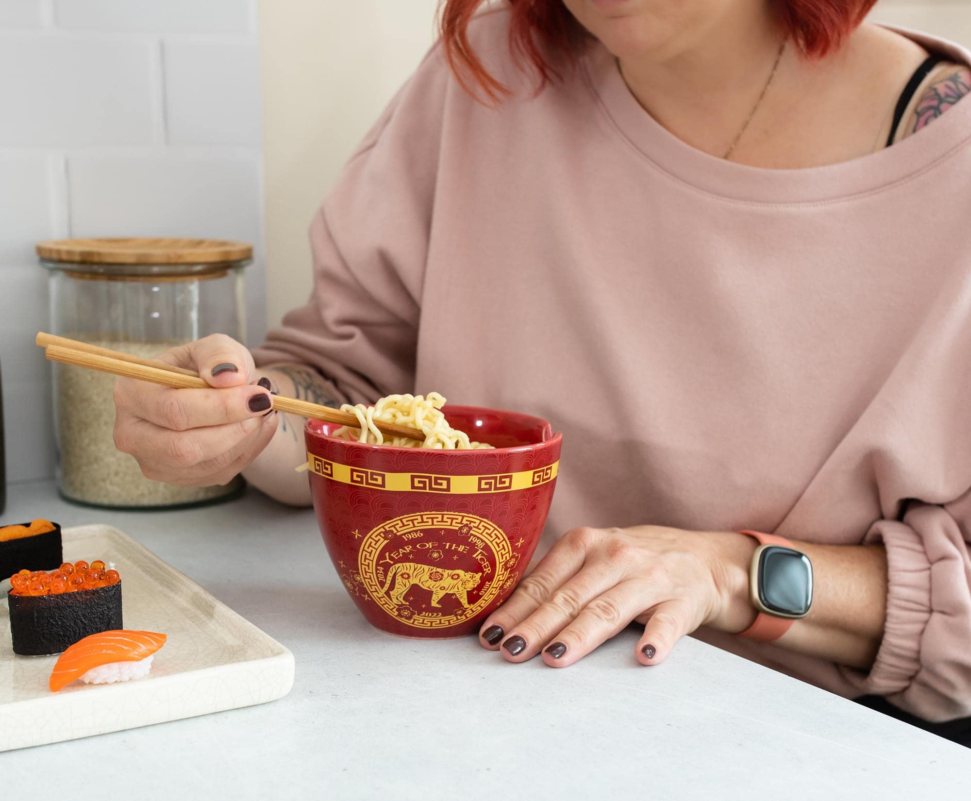 Year Of The Tiger Chinese Zodiac Ceramic Dinnerware Set | Includes 16-Ounce Ramen Noodle Bowl And Wooden Chopsticks | Asian Food