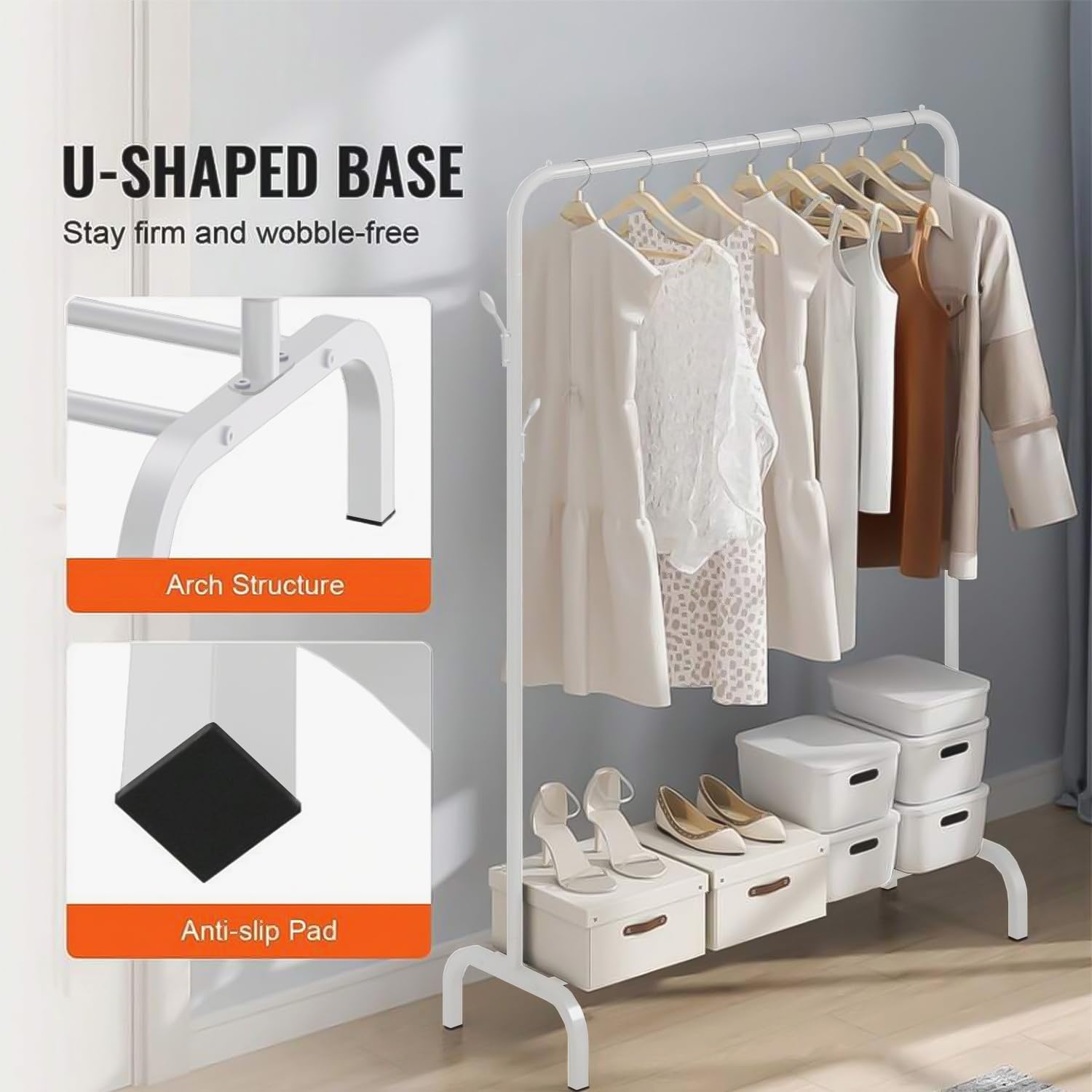 Lukzer Single Pole Coat Hanger/Cloth Stand/Garment Stand With Bottom Shelves - Metal Garment Rack For Organized Storage 4 Hook (