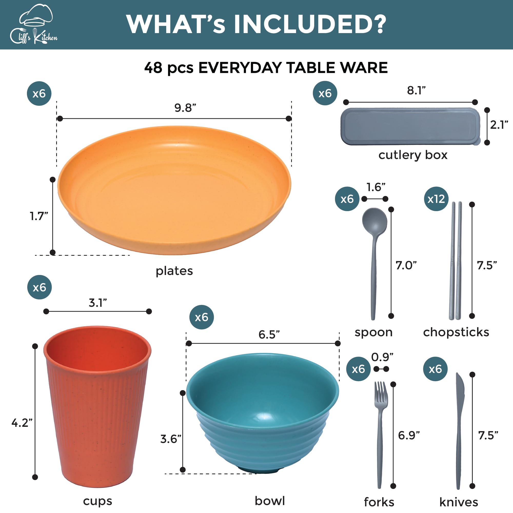 48 Pcs Wheat Straw Dinnerware Sets for 6- Unbreakable Dinnerware Set with Large Plates, Bowl and Cup Set -BPA Free, Lightweight,