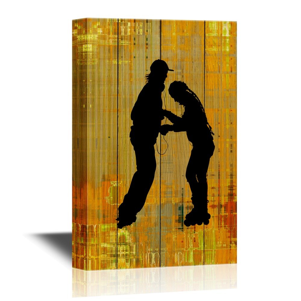 Wall26 - Skateboard Canvas Wall Art - Two Young Man On Rollerstake With Rustic Yellow Background - Gallery Wrap Modern Home Art