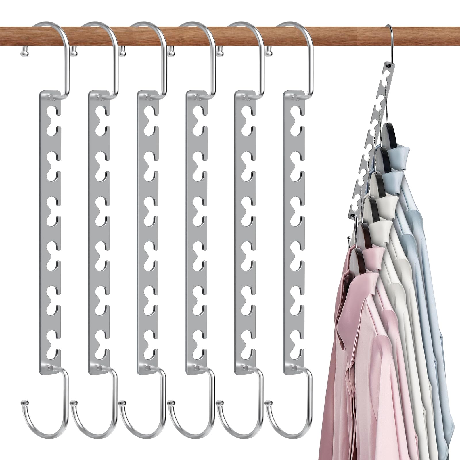 Sindax Sturdy Metal Hangers - Space Saving 10" Stainless Steel Closet Organizer, Silver, Pack of 6 Cascading Hangers