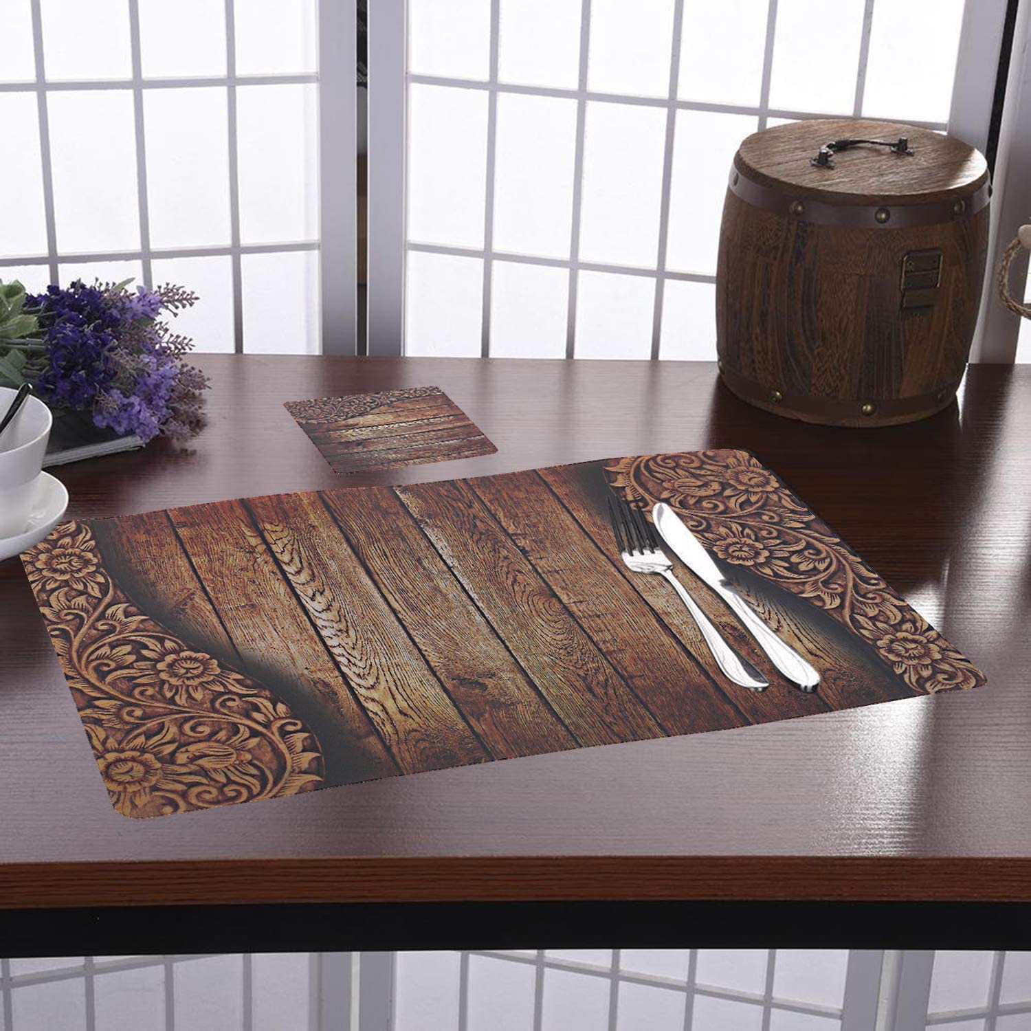 Kuber Industries Flower Pot Design Floral Pvc 6 Piece Dining Table Placemat Set With Tea Coasters - Brown