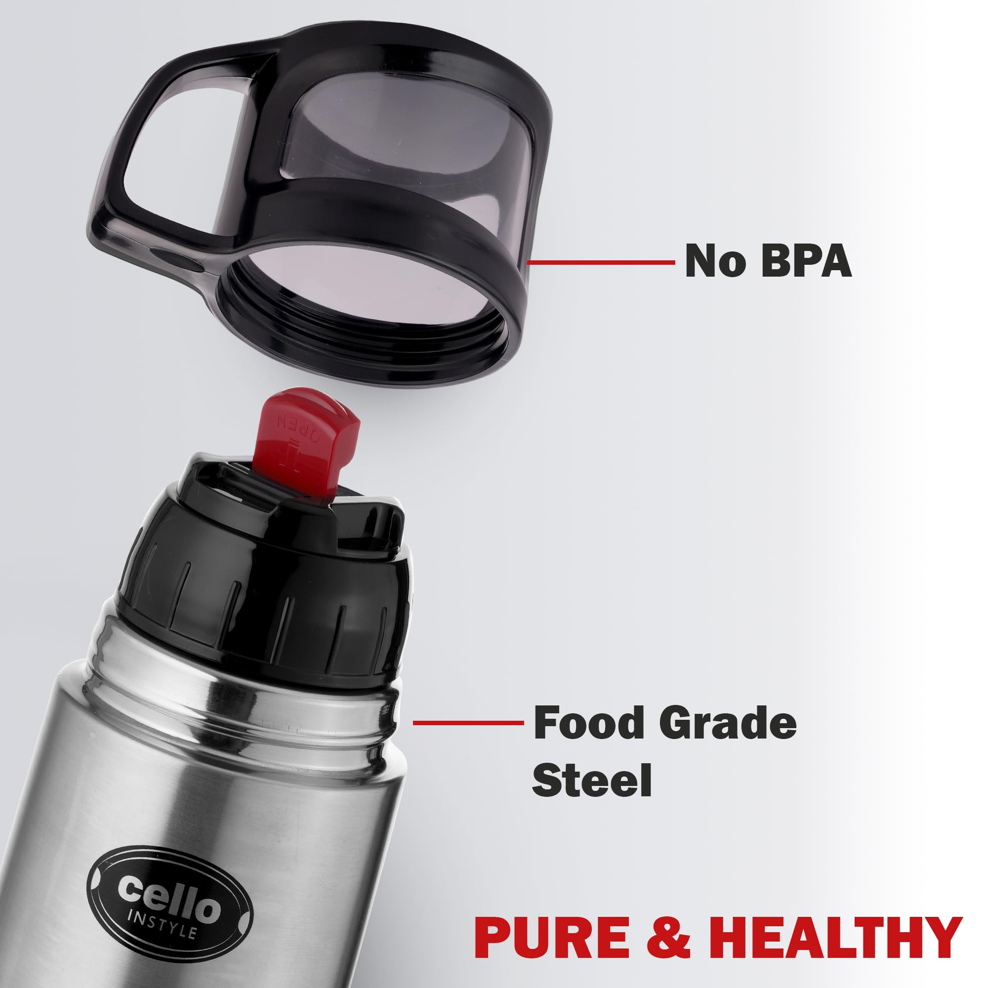 Cello Instyle Thermosteel Water Bottle, 500ml, Silver | 24 Hours Hot and Cold | Flask for Tea Coffee | Rust & Leak Proof | Ideal