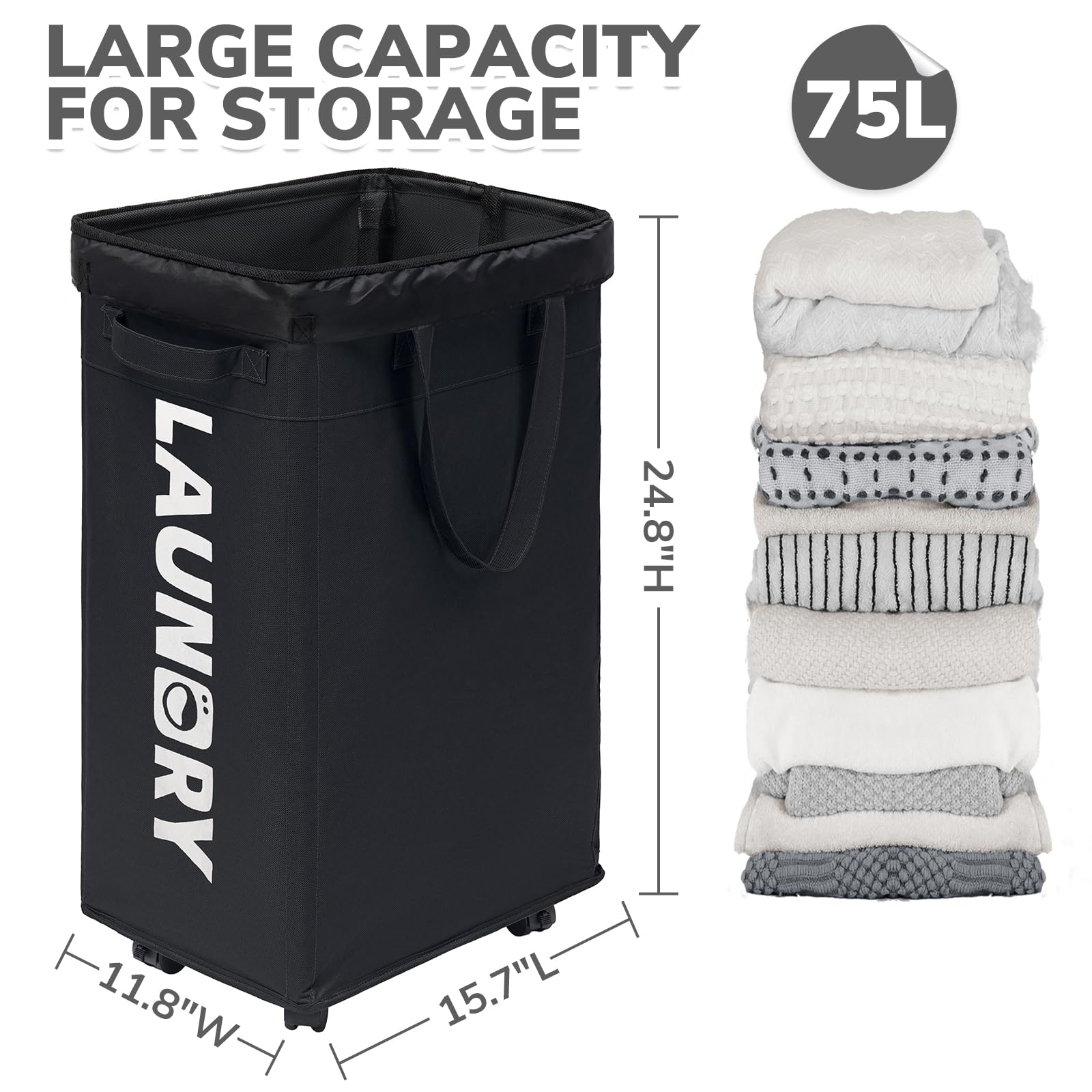 Chicvita 75L Slim Laundry Hamper With Wheels And Removable Wash Bag, Black Rolling Basket With Handle For Laundry Room