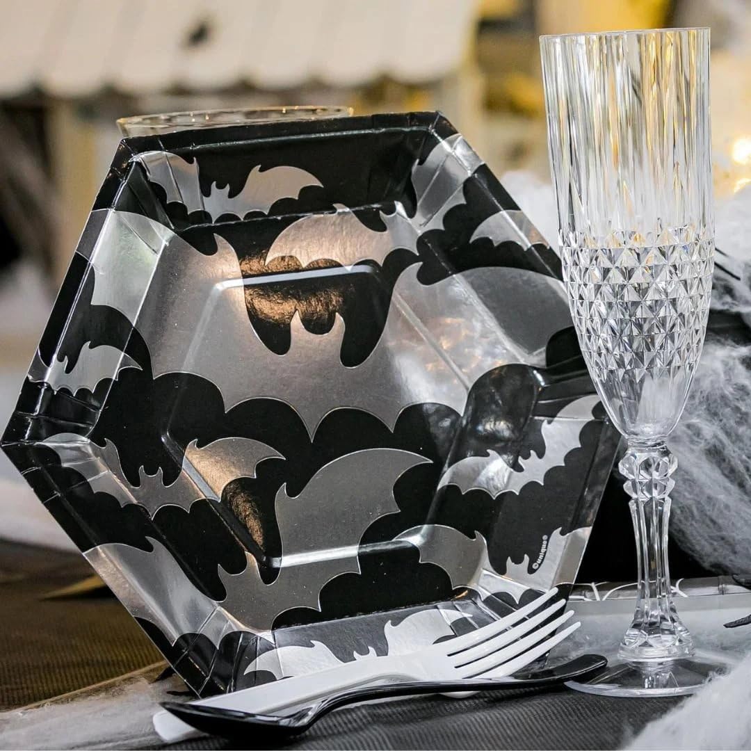 Unique Enchanting Foil Stamped Silver Bats Hexagonal Halloween Dessert Paper Plates (8.25'') - 8 Ct -Ideal For Seasonal Parties