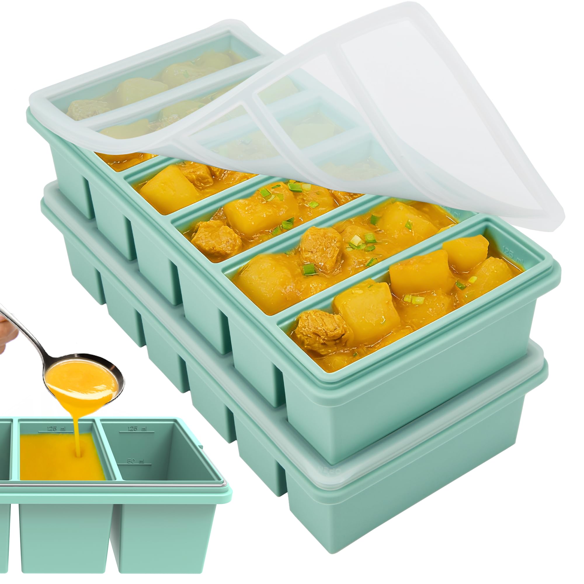1/2 Cup Silicone Freezer Molds with Lid, Soup Container Style Ice Cube Trays for Freezer  Reinforced Steel Ring Top for freezin