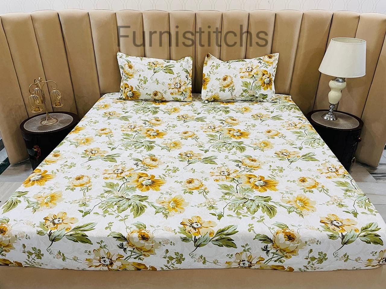 Furnistitchs King Size Bed Cover Elastic Fitted Bedsheet With 2 Pillow Covers 72 X 78 Inches (Floral Twill)