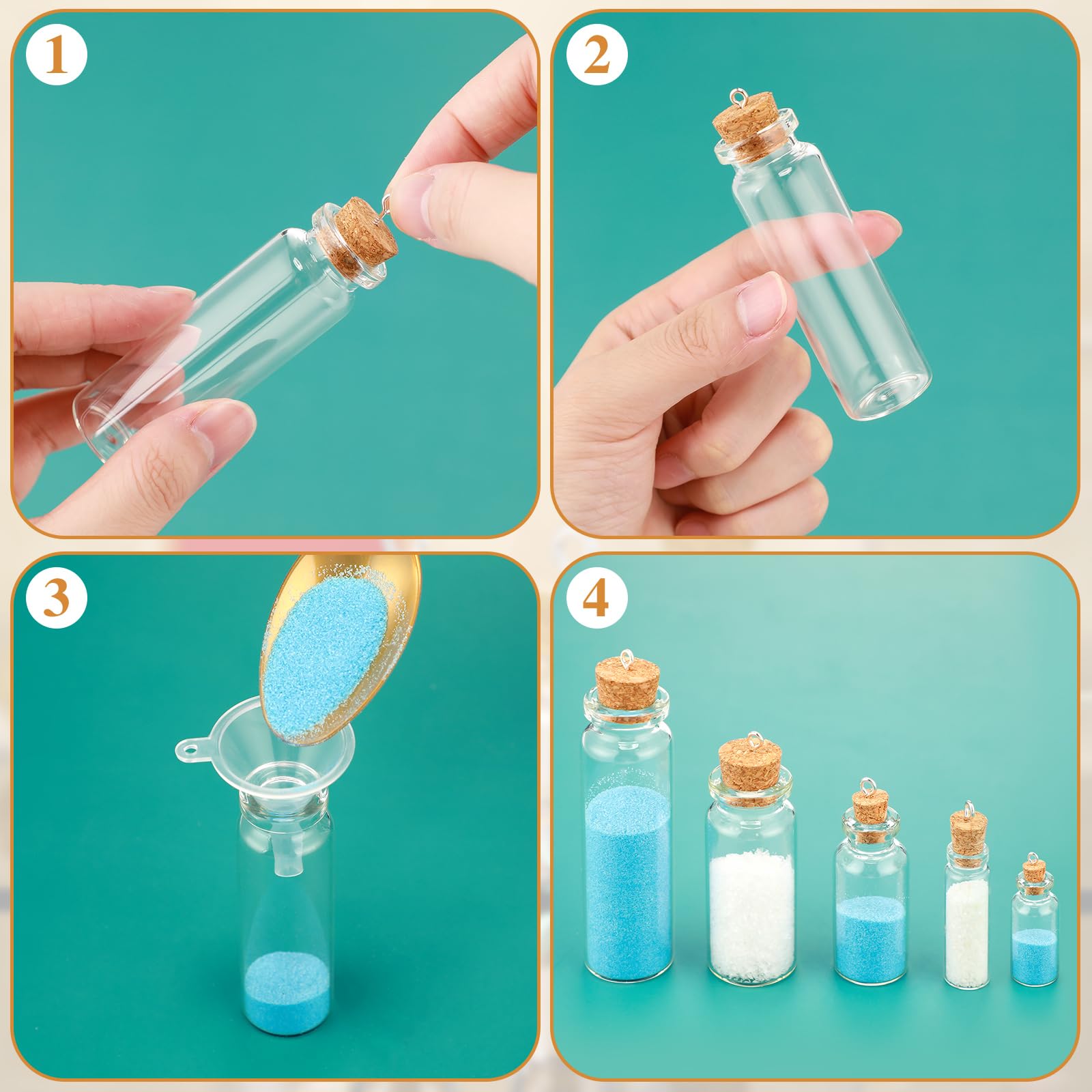 Sherli 45 Pcs Small Mini Glass Bottles with Cork Stoppers Small Glass Jars with Lids Tiny Spell Jars with 50 Eye Screws and 3 Fu
