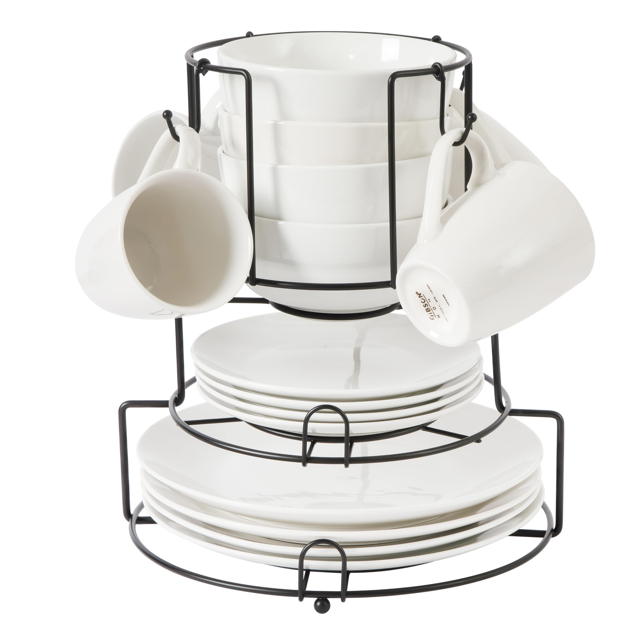 Gibson Home Summit View 17Piece Porcelain Plates and Bowls Set W/Metal Rack  Plates, Bowls & Mugs Dinnerware Set for 4  White