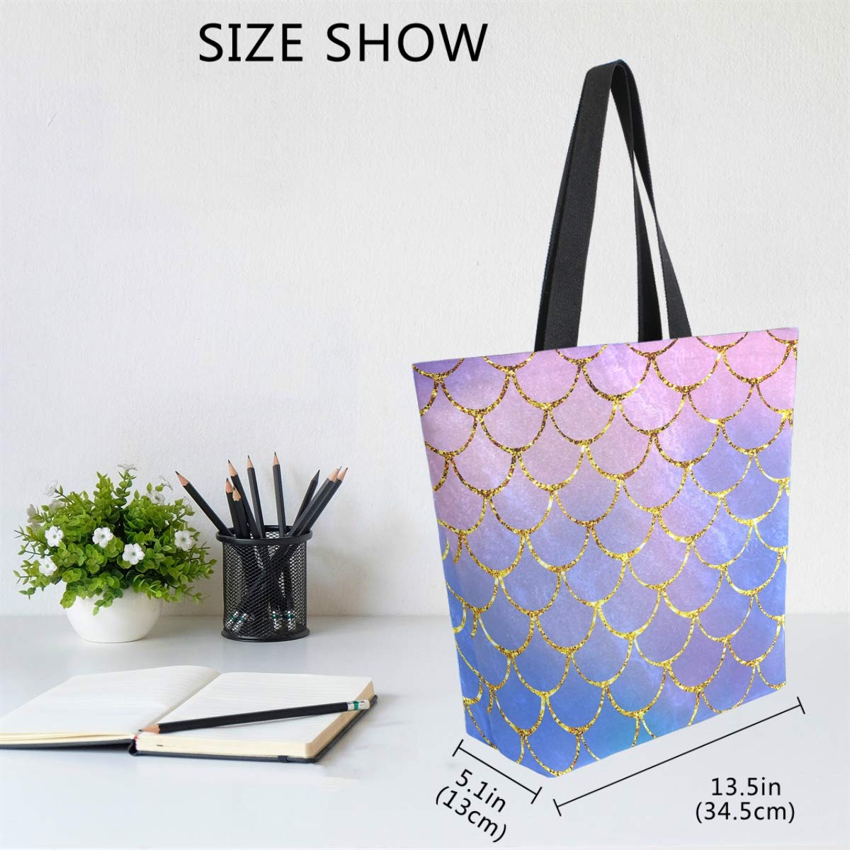 Naanle Mermaid Canvas Tote Bag - Large Women 'S Casual Shoulder Handbag, Mermaid Scale Reusable Multipurpose Heavy Duty Shopping