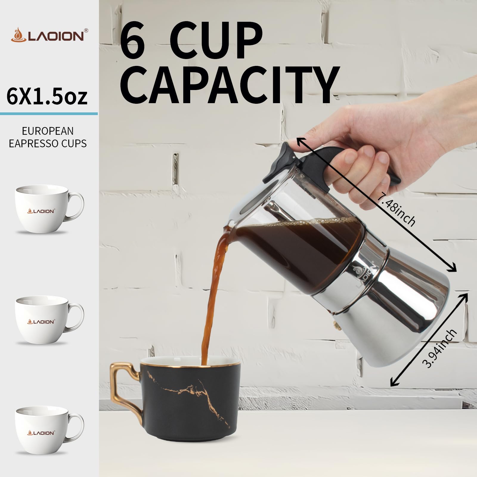 LAOION 6-Cup Stovetop Espresso Maker, Stainless Steel Moka Pot with Glass Top, Model GMK-240, Silver Coffee Maker for Cuban & Italian Coffee