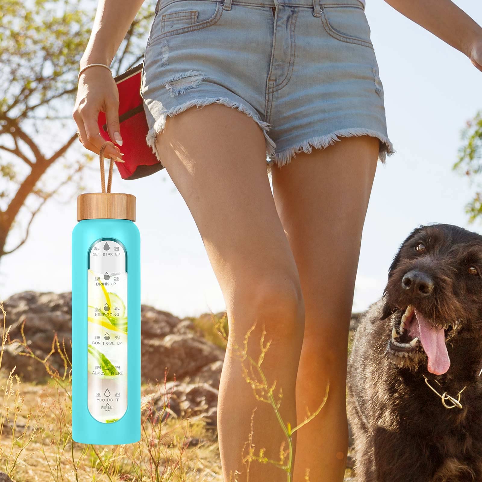 Aqulea 32 Oz Glass Water Bottle With Times To Drink - Bpa Free Reusable Wide Mouth Glass Motivational Water Bottles With Infuser