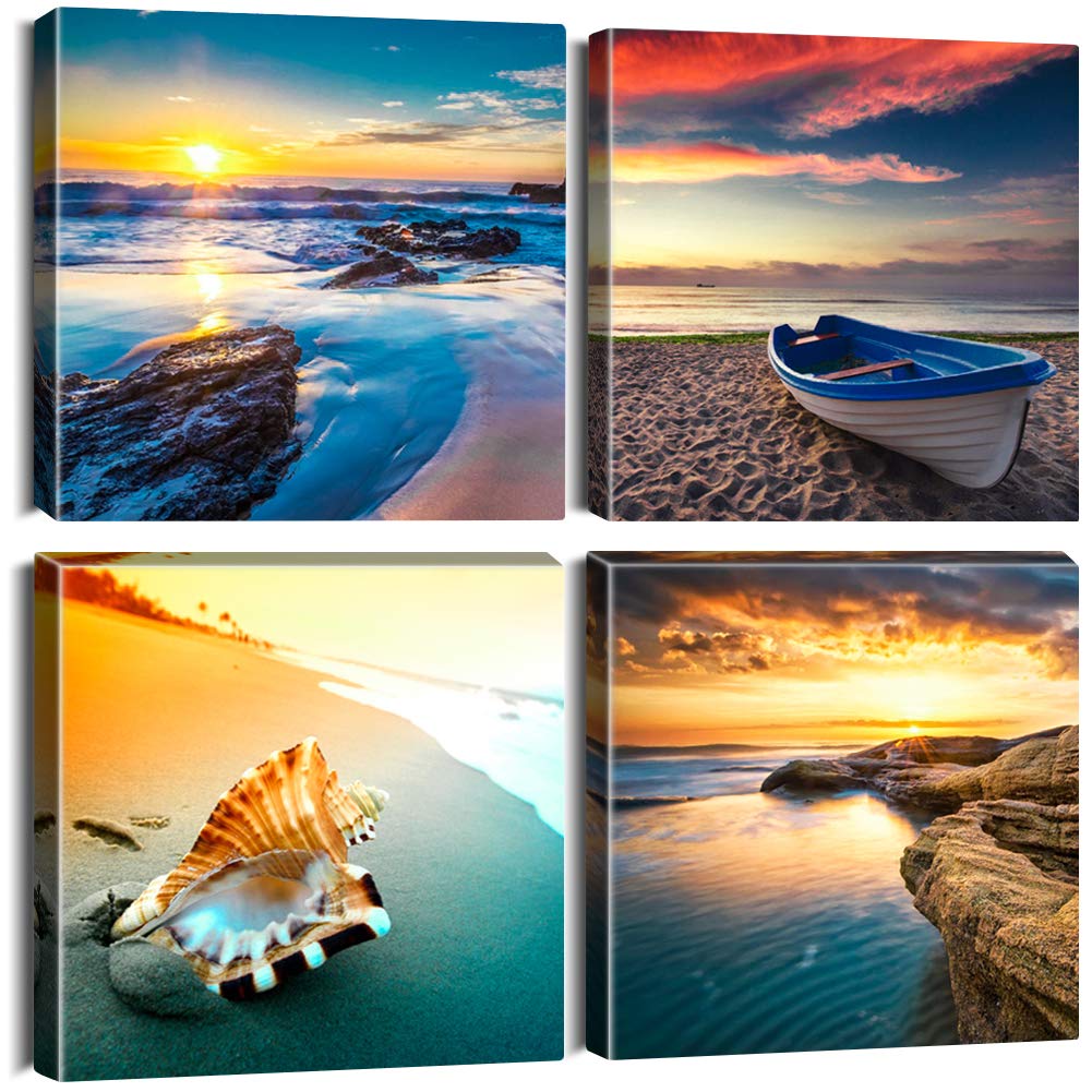 Artscope 4 Pieces Canvas Prints Wall Art - Sunset Seaside Scenery Picture Painting- Modern Wall Artwork Framed For Bathroom Home
