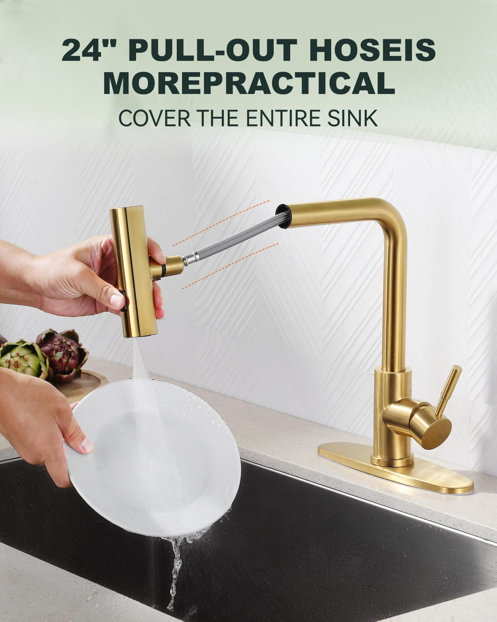 Waterfall Kitchen Sink Faucet With Sprayer: 3 Modes(Waterfall/Stream/Sweep) Pull Down Sprayer - Iviga Gold Splash Proof Sink Fua