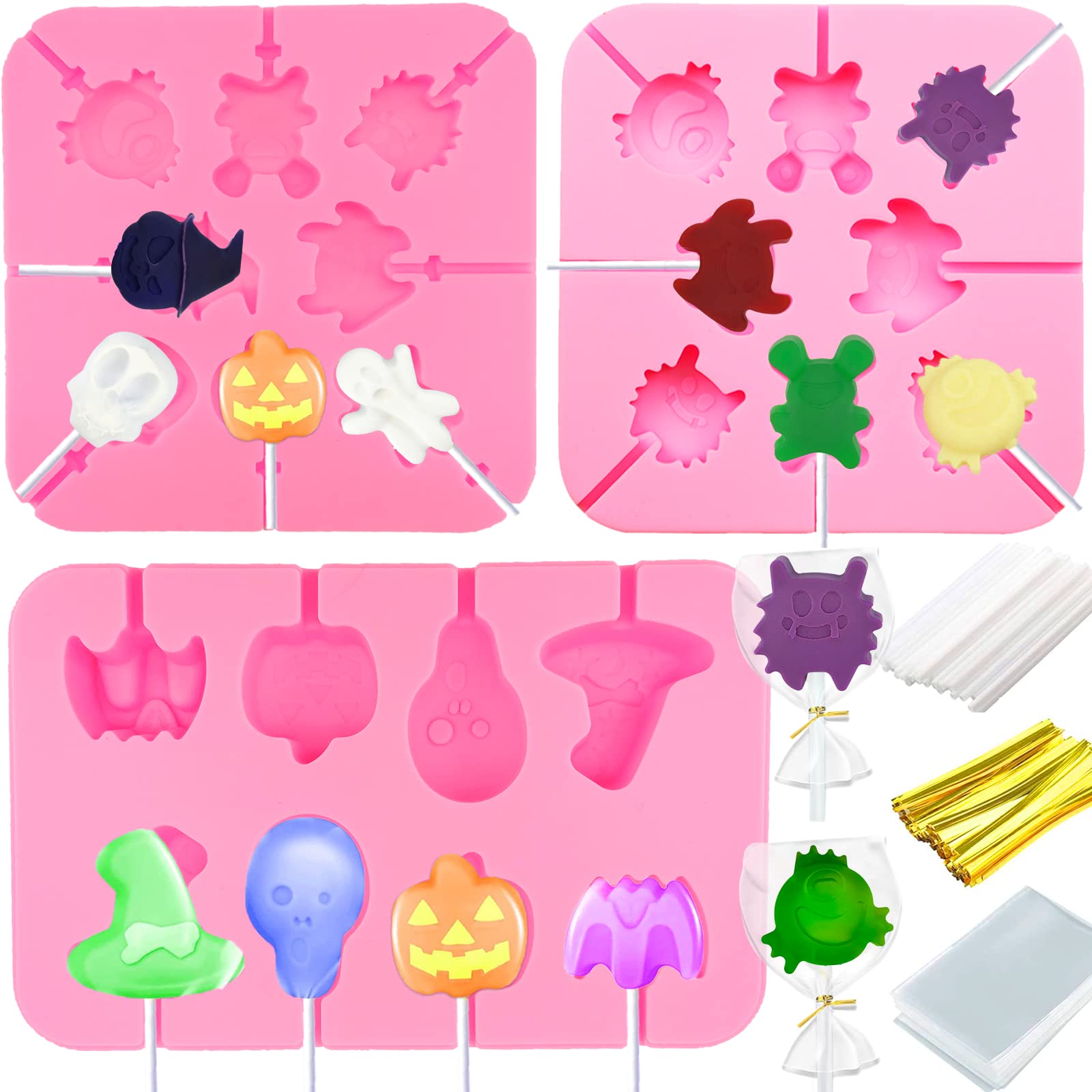 303Pcs Halloween Lollipop Molds Set Halloween Candy Mold Pumpkin Evil Skull Ghost Silicone Molds Lolly Pop Tray Sucker Molds Har