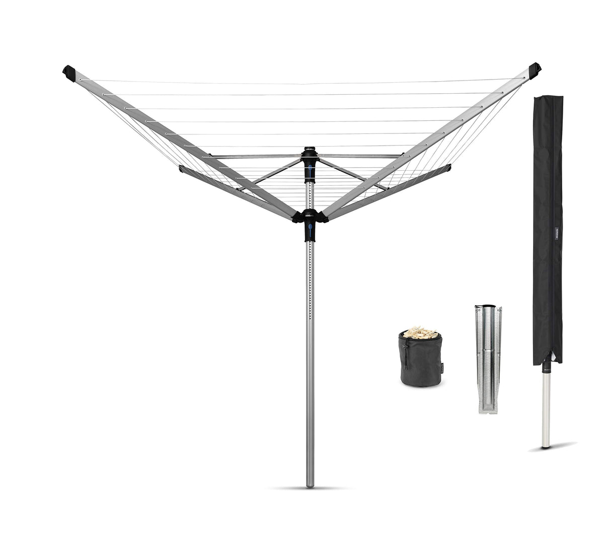 Brabantia Lift-O-Matic Advance Outdoor 4 Arm Clothesline (164 Fta 197) Height Adjustable, Folding Clothes Drying Rack + Ground S
