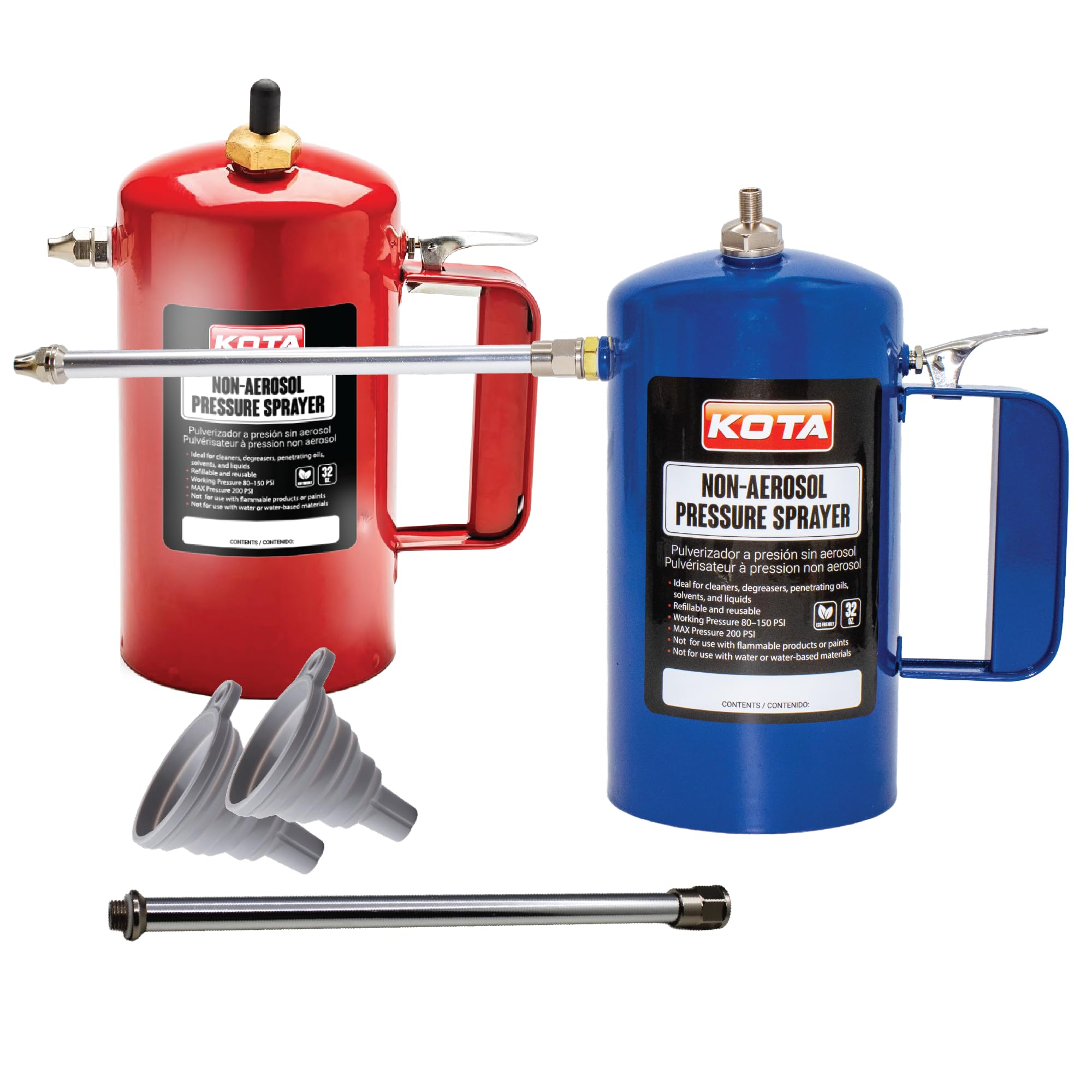 LAUCO Non Aerosol Pressure Sprayer with Funnel and Extension, Refillable Pressurized Sprayer Bottle for Oil, Solvent, Degreasers