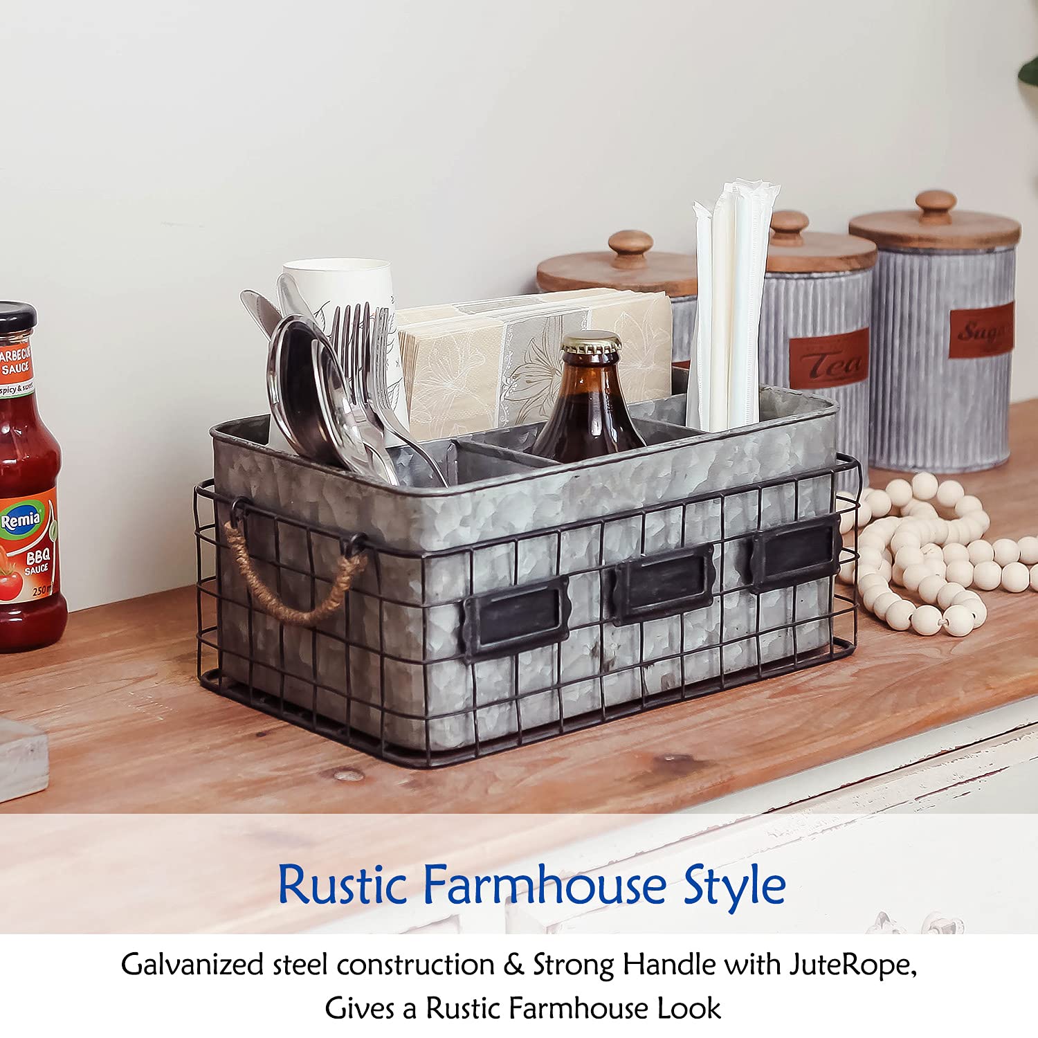Nikky Home Farmhouse Utensil Caddy For Parties, Flatware Caddy For Countertop, Rustic Galvanized Silverware Cutlery Caddy With N