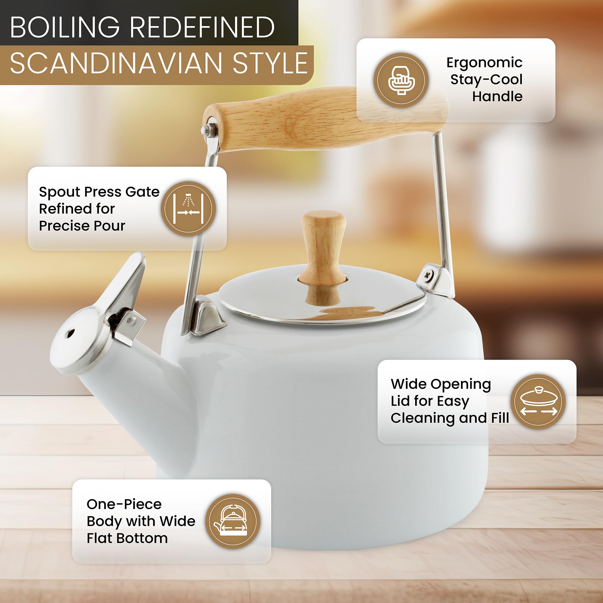 Chantal Sven Enamel On Steel Whistling Teakettle With Natural Wood Handle, 1.4 Quarts (White)