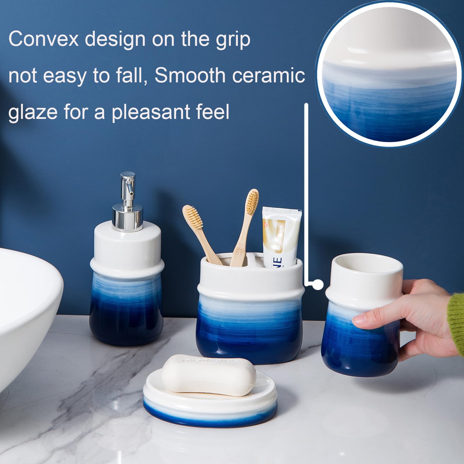 Rzcnc Navy Blue Bathroom Accessories Set, 4-Piece Blue Ceramic Bathroom Decorations Accessories Set,Contain Toothbrush Cup,Soap