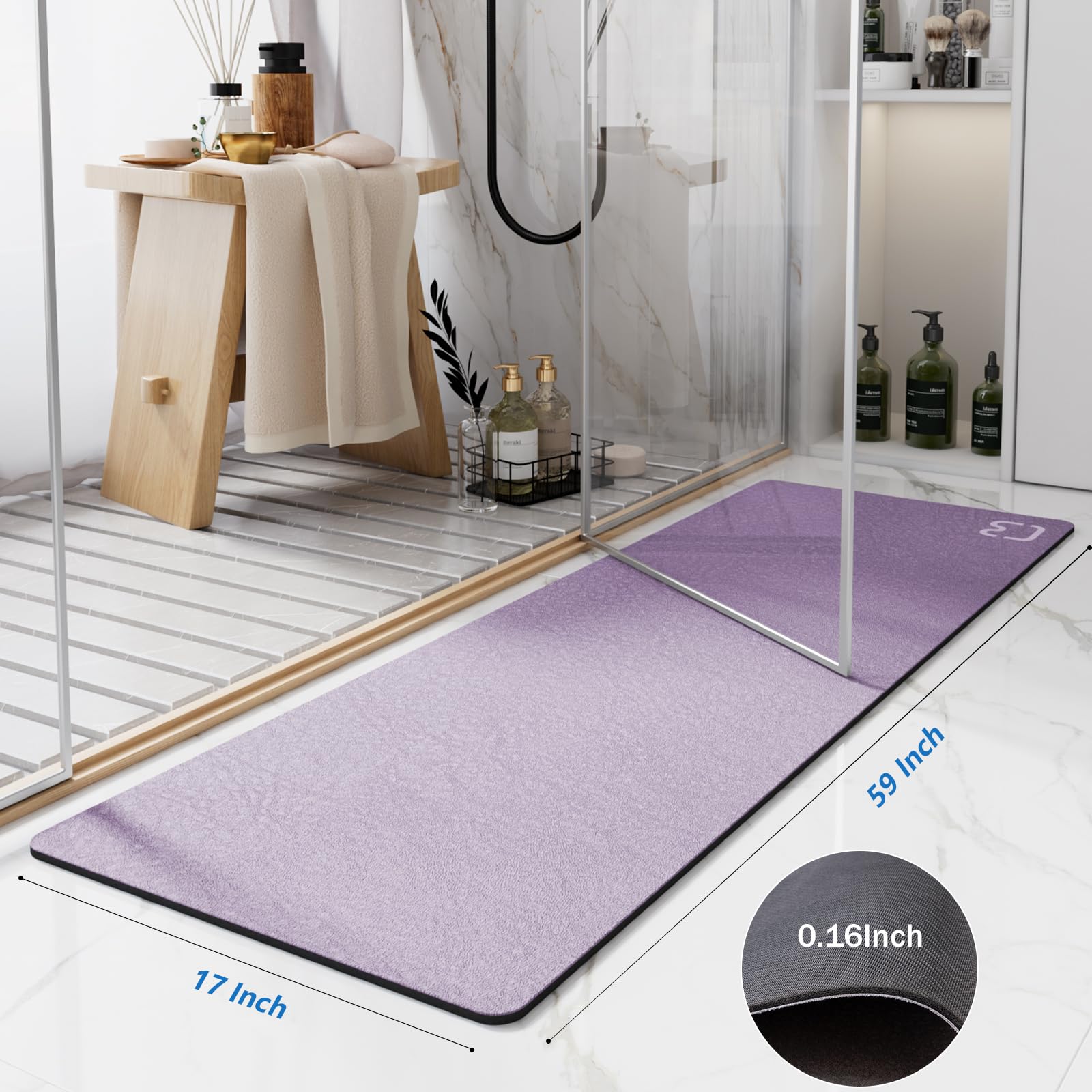 Diatomaceous Earth Bath Mat 17'' X 59'' Extra Long Bathroom Mat Large Fast Dry Super Absorbent Non-Slip Rubber Backed Shower Mat