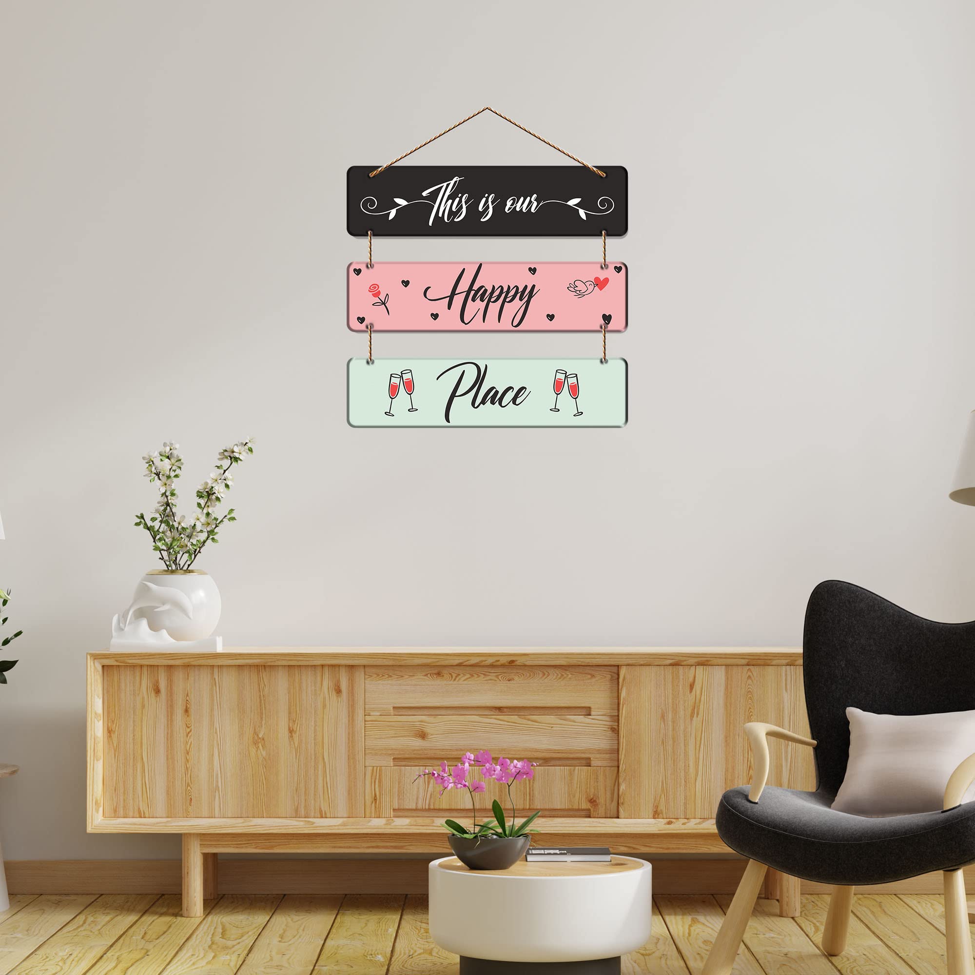 Artvibes Happy Place Family Wooden Wall Hanger for Home Decor | Office | Living Room | Gifts | Bedroom | Quotes Decorative Items