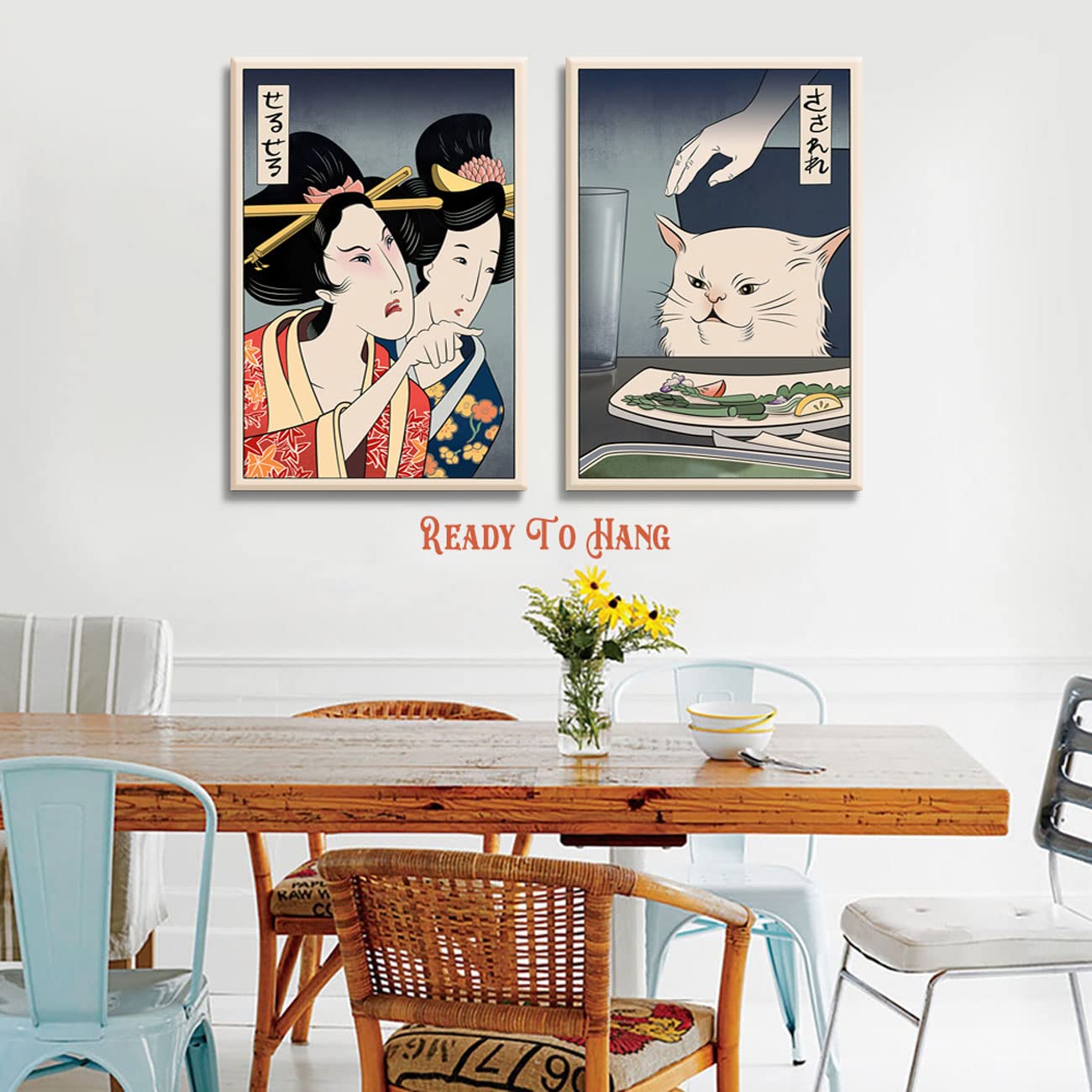 2Pcs Funny Cute Canvas Painting Japanese Woman Yelling At Cat Eating Food Poster Print Vintage Wall Art Meme Picture Dining Room