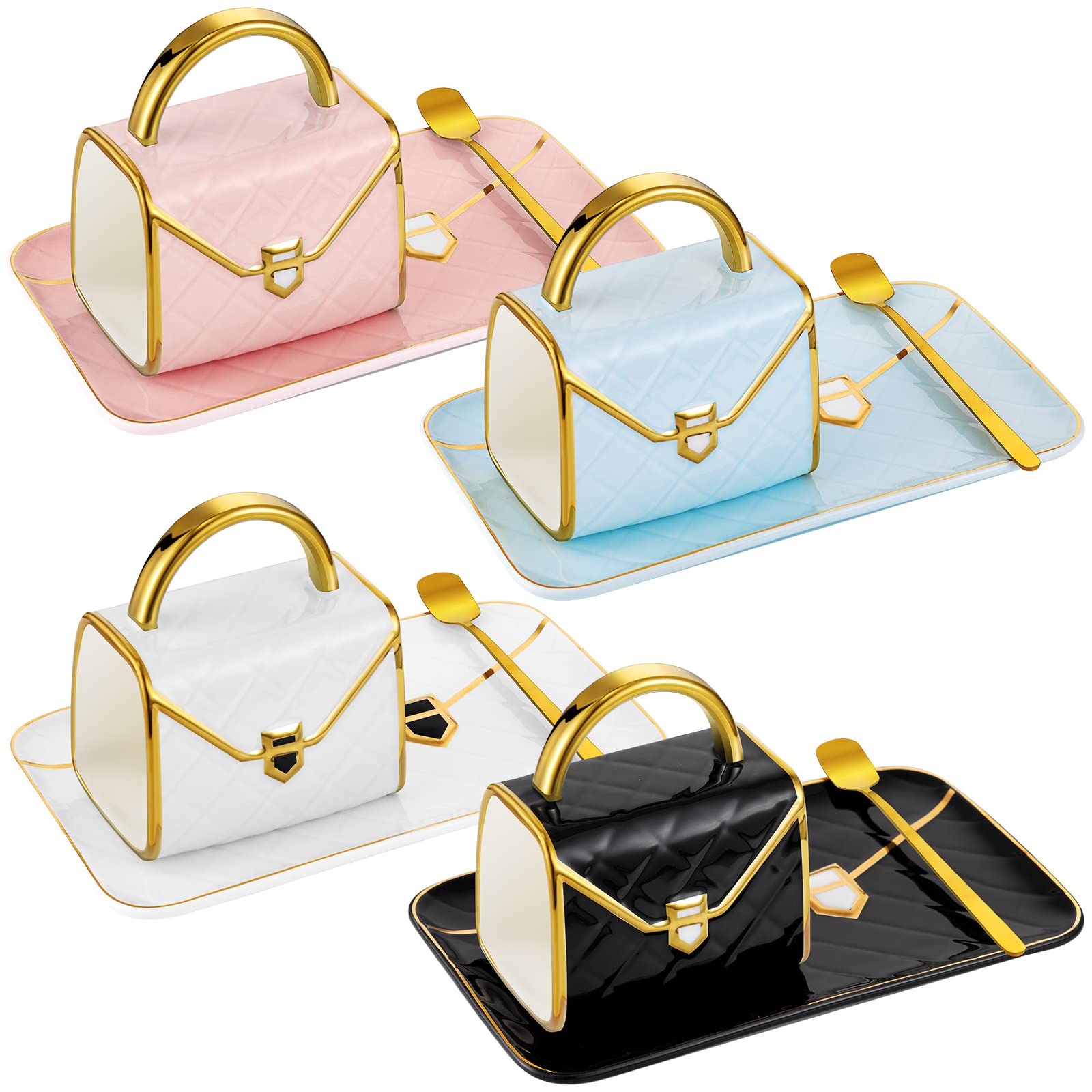 Sliner Set of 4 Handbag Coffee Mug with Saucer Purse Tea Cup Set,Classic