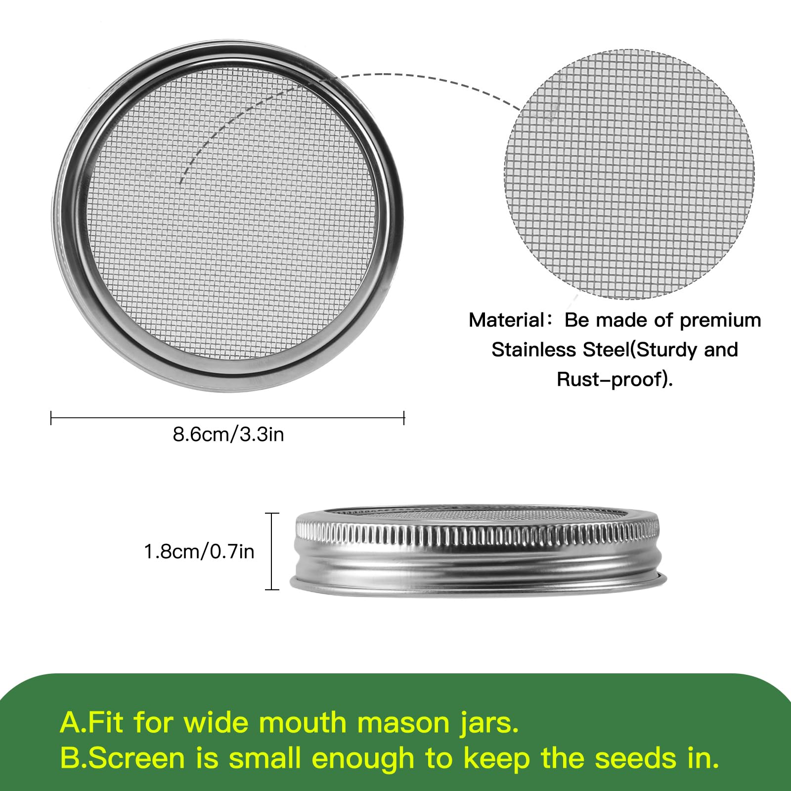 Volcanoes Club Sprouting Lids Growing Kit - 316 Stainless Steel Sprouting Lids For 86Mm Wide Mouth Mason Jar With Stands & Black