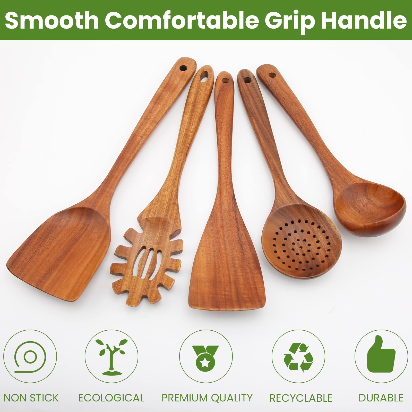 Wooden Kitchen Utensil Set For Non-Stick Cookware, Wooden Spoons For Cooking, Long Handle Wooden Spatulas For Cooking, 5 Pcs Dur