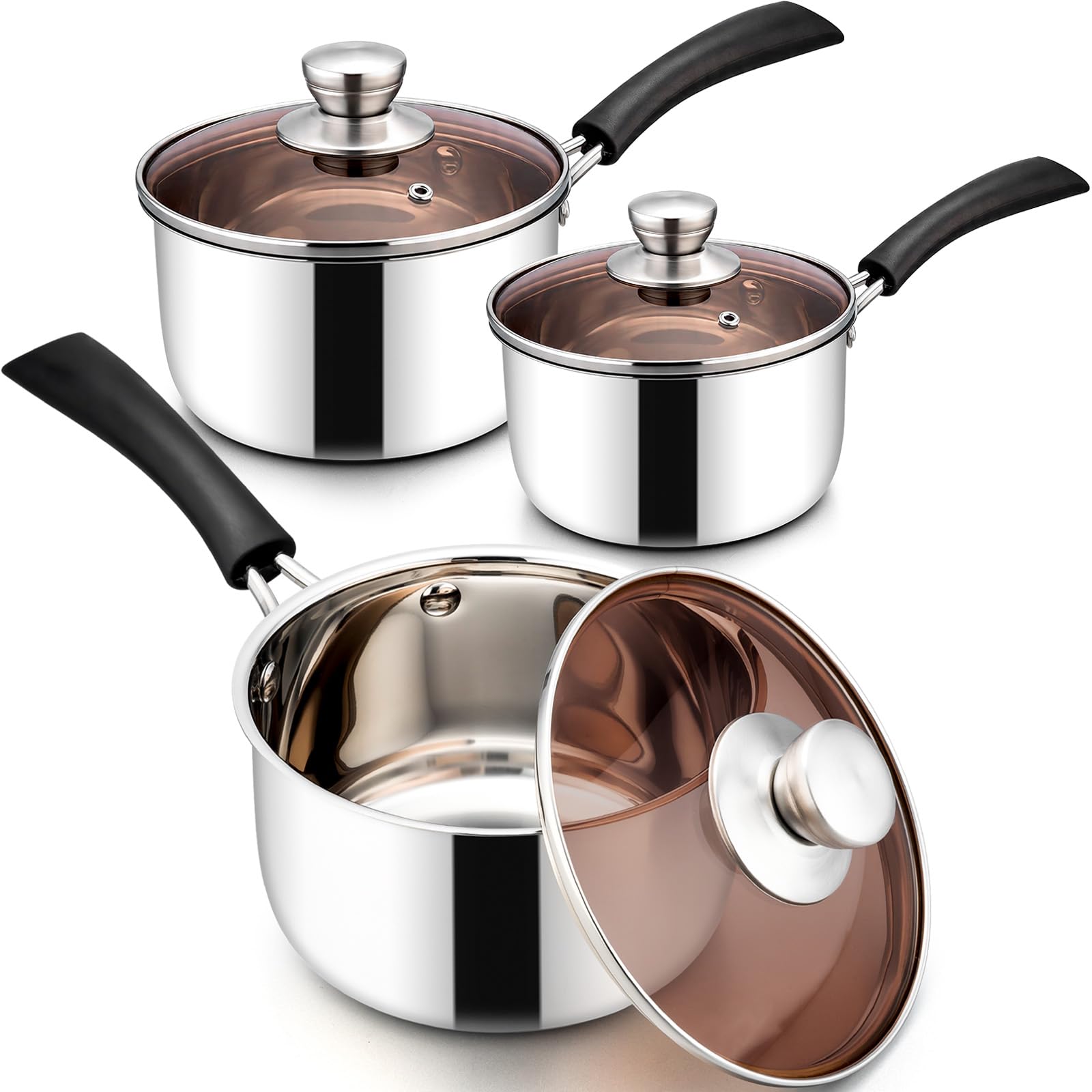 Leonyo 1& 2& 3 Qt Sauce Pan with Lids, 18/10 Stainless Steel Saucepan Set