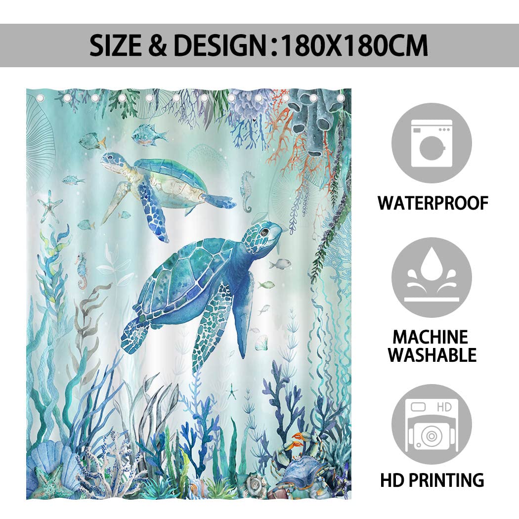 Juirnost Sea Turtle Shower Curtain Beach Coastal Shower Curtains For Bathroom Ocean Turtle Bathroom Decor Underwater Seashell Tr