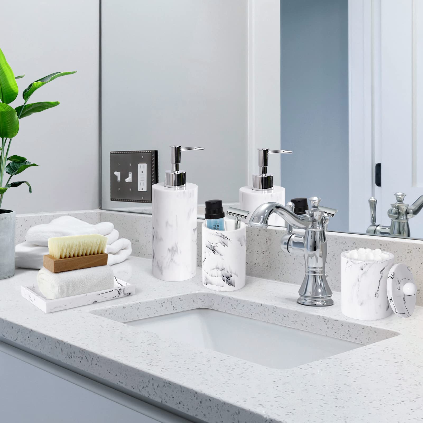 Haturi Bathroom Accessory Set, 4 Pcs Marble Look Bathroom Accessories Sets Complete With Soap Dispenser, Toothbrush Holder, Apot