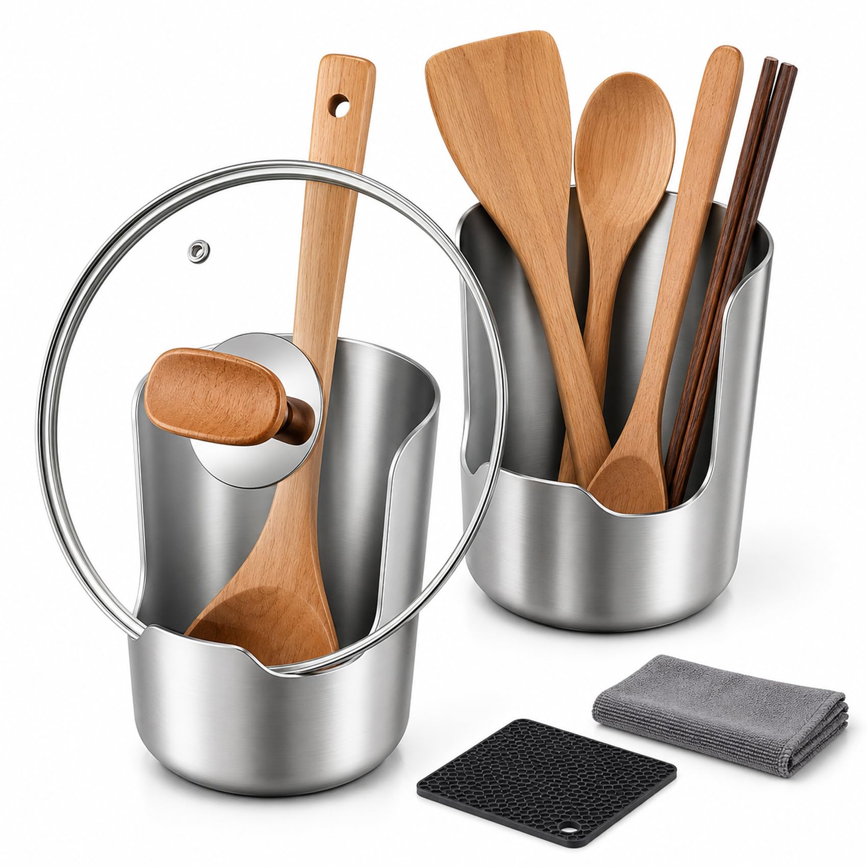 AEDFS Multifunctional Kitchen Utensil Holder, Stainless Steel Spoon Rest with Pot Lid Holder, Countertop Ladle Spatula Cutlery O