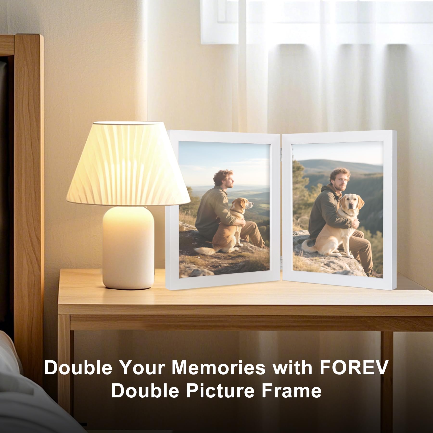 8x10 Double Picture Frame Wooden Hinged Photo Frame Definition Glass Stand Vertically on Desktop or Tabletop White