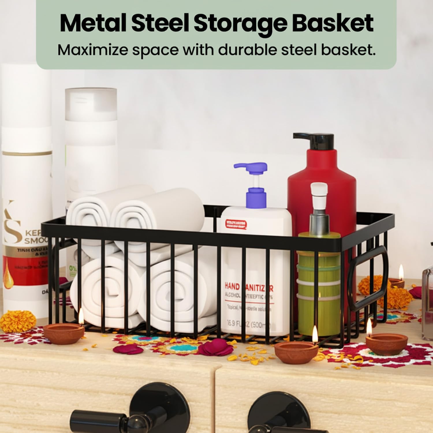 WonderStand Premum Metal Steel Storage Basket For Home and Kitchen (Black)