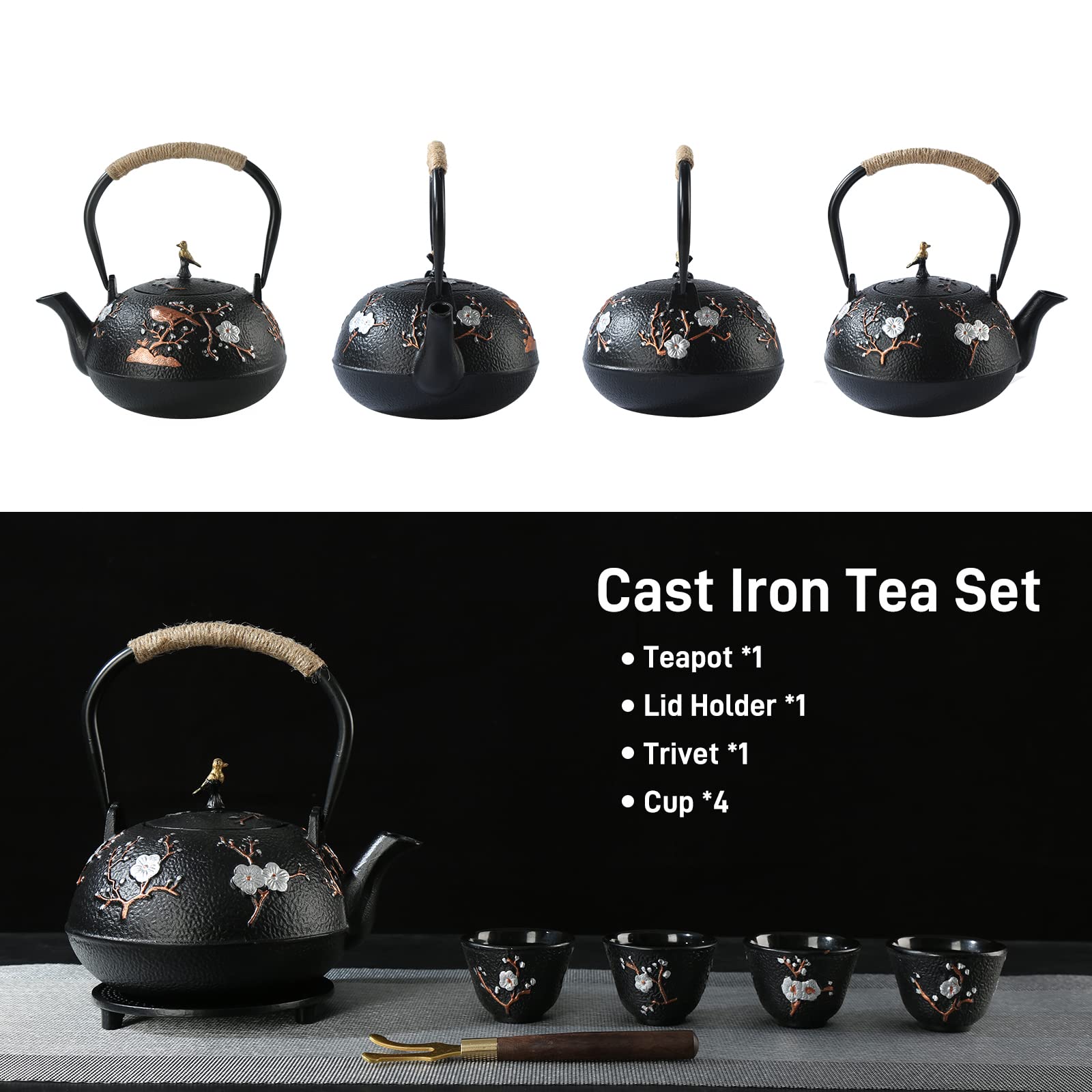 Sechudo Tea Set Tea Kettle Japanese Style Beautiful Black Cast Iron Teapot Set With 4 Cups,1 Trivet And 1 Lid Holder,40.6Oz Teap