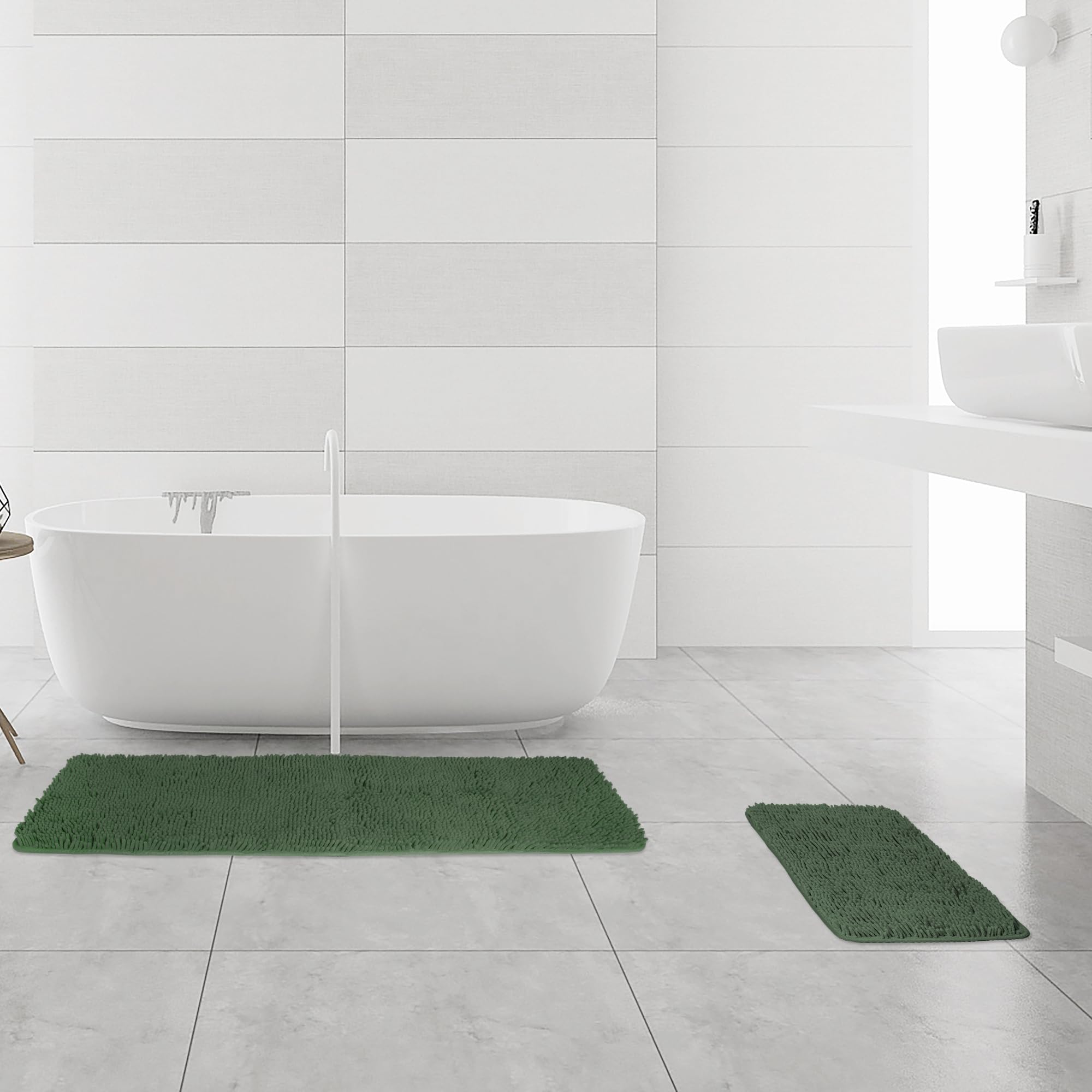 Yeaban Dark Green Bathroom Rugs Sets 2 Piece - Thick Chenille Bath Mats | Absorbent And Washable Bath Rug Non-Slip, Plush And So