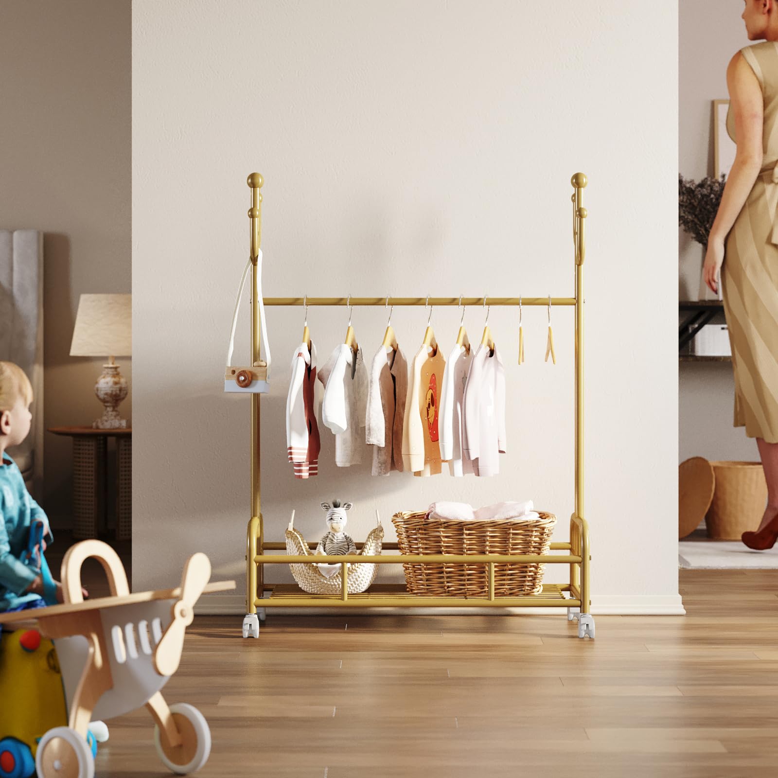 Bestier Kids Dress Up Rack, Adjustable Rack Height For Kids Clothes Rack, Bottom Storage Shelf With Wheels, Metal Dress Up Rack