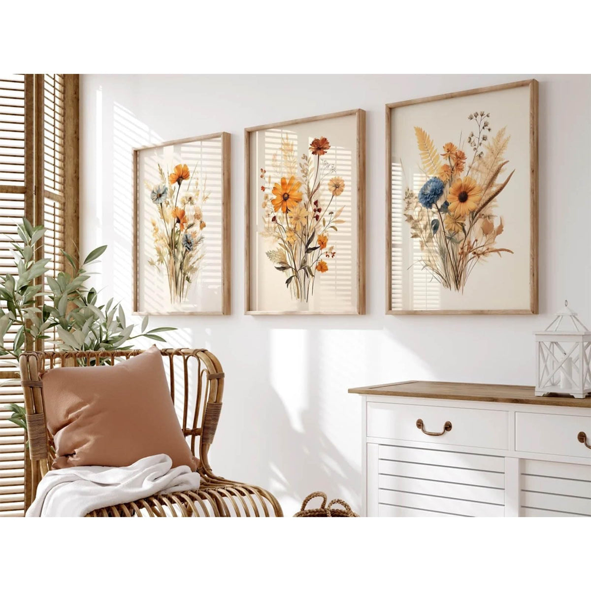 Botanical Floral Wall Art Set Of 3 Vintage Wildflower Canvas Wall Deco ...