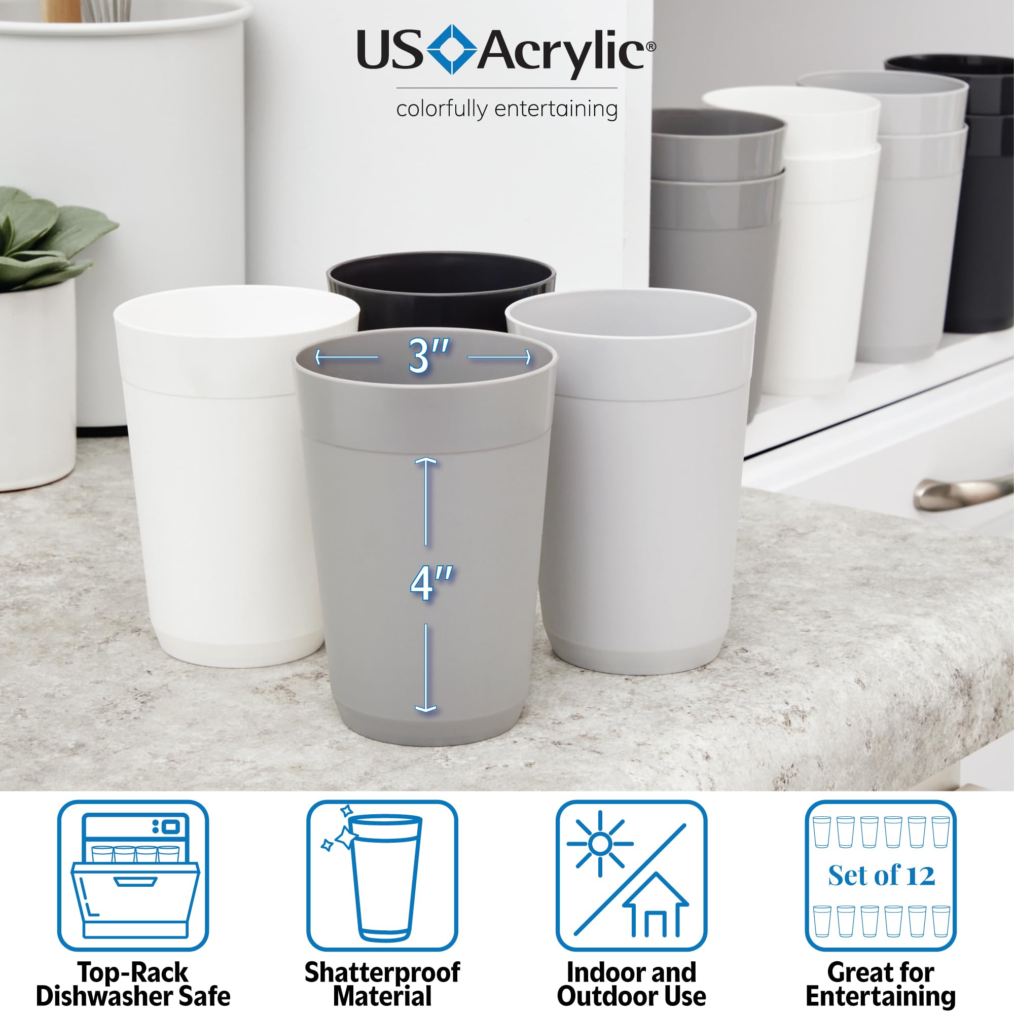Us Acrylic Newport 10 Ounce Unbreakable Plastic Stackable Juice Tumblers In Grey Stone | Set Of 12 Drinking Cups | Reusable, Bpa