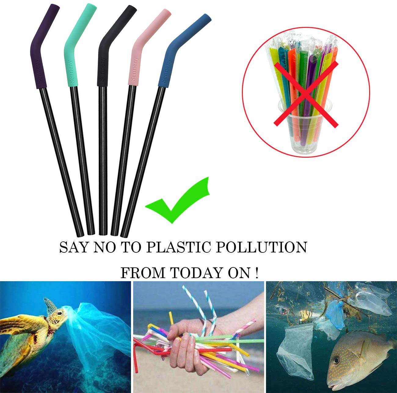 Senneny Set Of 5 Stainless Steel Straws With Silicone Flex Tips Elbows Cover, 2 Cleaning Brushes And 1 Portable Bag Included (Bl