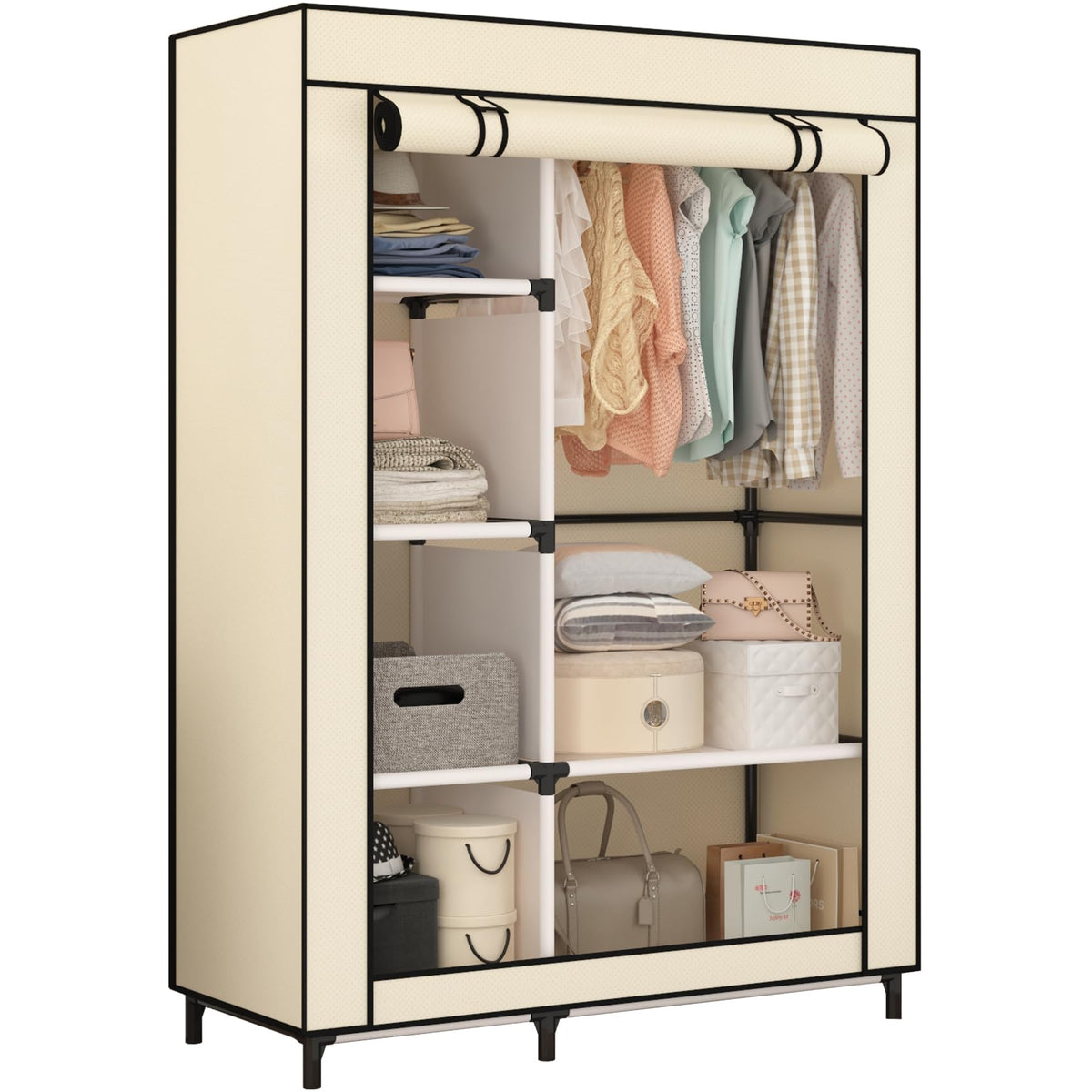 Calmootey Portable Closet Organizers, Clothing Storage, Wardrobe With 6 Shelves And Hanging Rod, Non-Woven Fabric Cover With 4 S