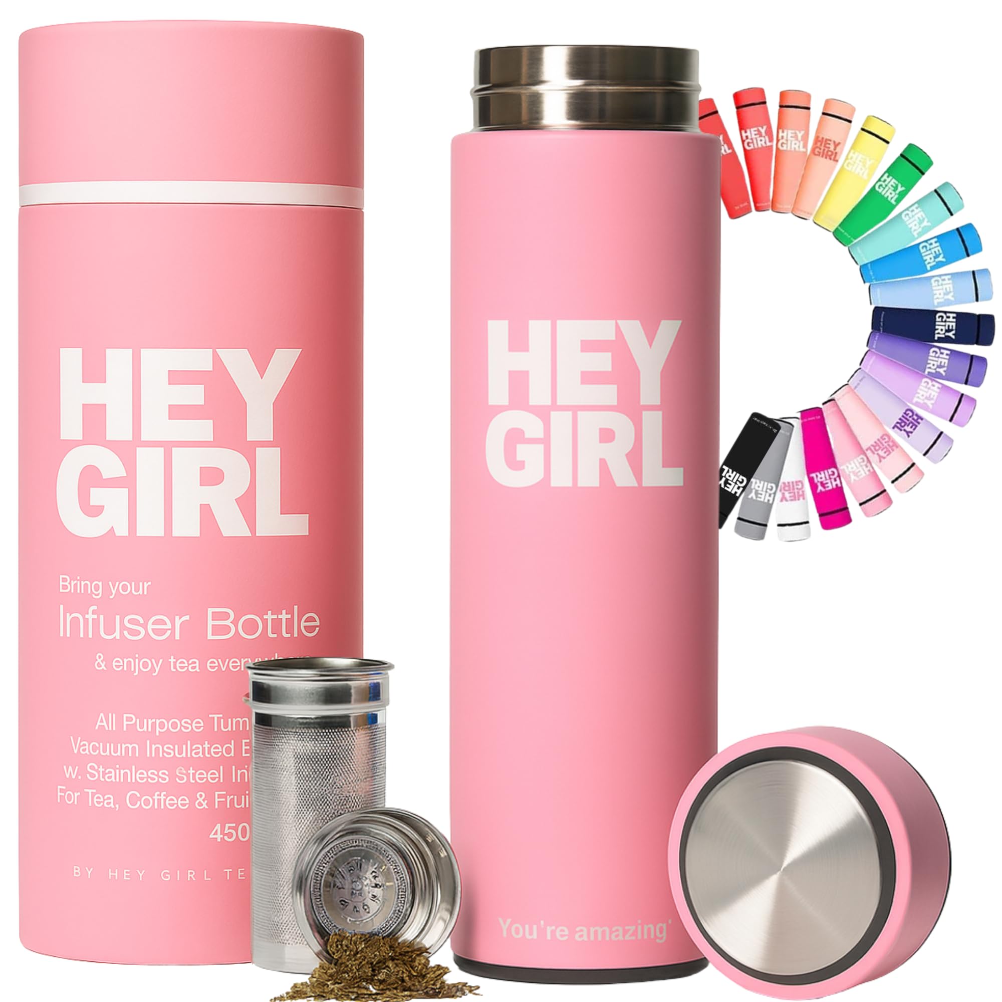 Hey Girl Tea Infuser Bottle 450ml  Insulated Stainless Steel Water Bottle  Tea Tumbler with Tea Diffuser  Portable Travel Mug