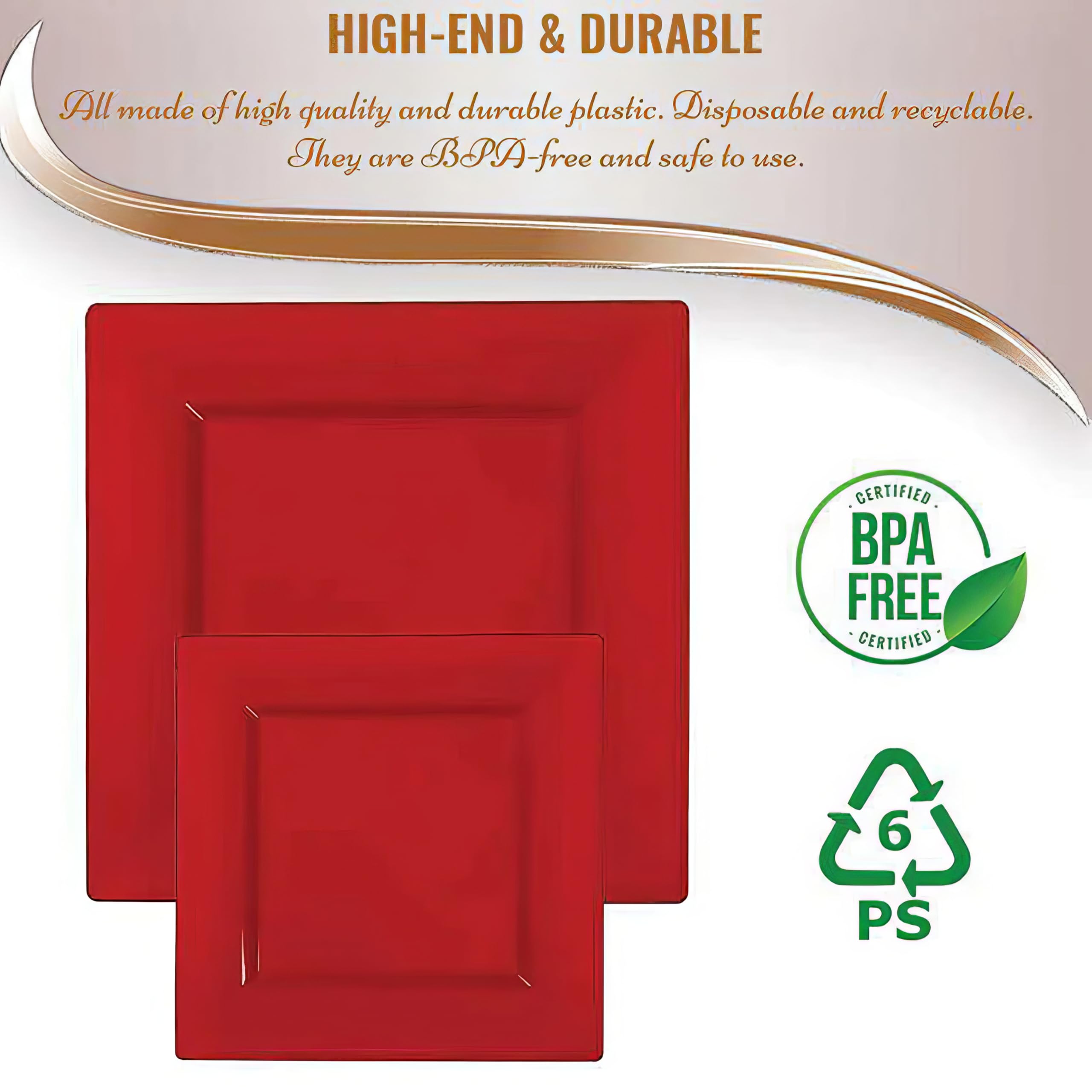 Kaya Elegant Red Square Dinner Plates - 9.5'' (Pack Of 10) - Perfect For Weddings, Birthday Parties, Festivals & More