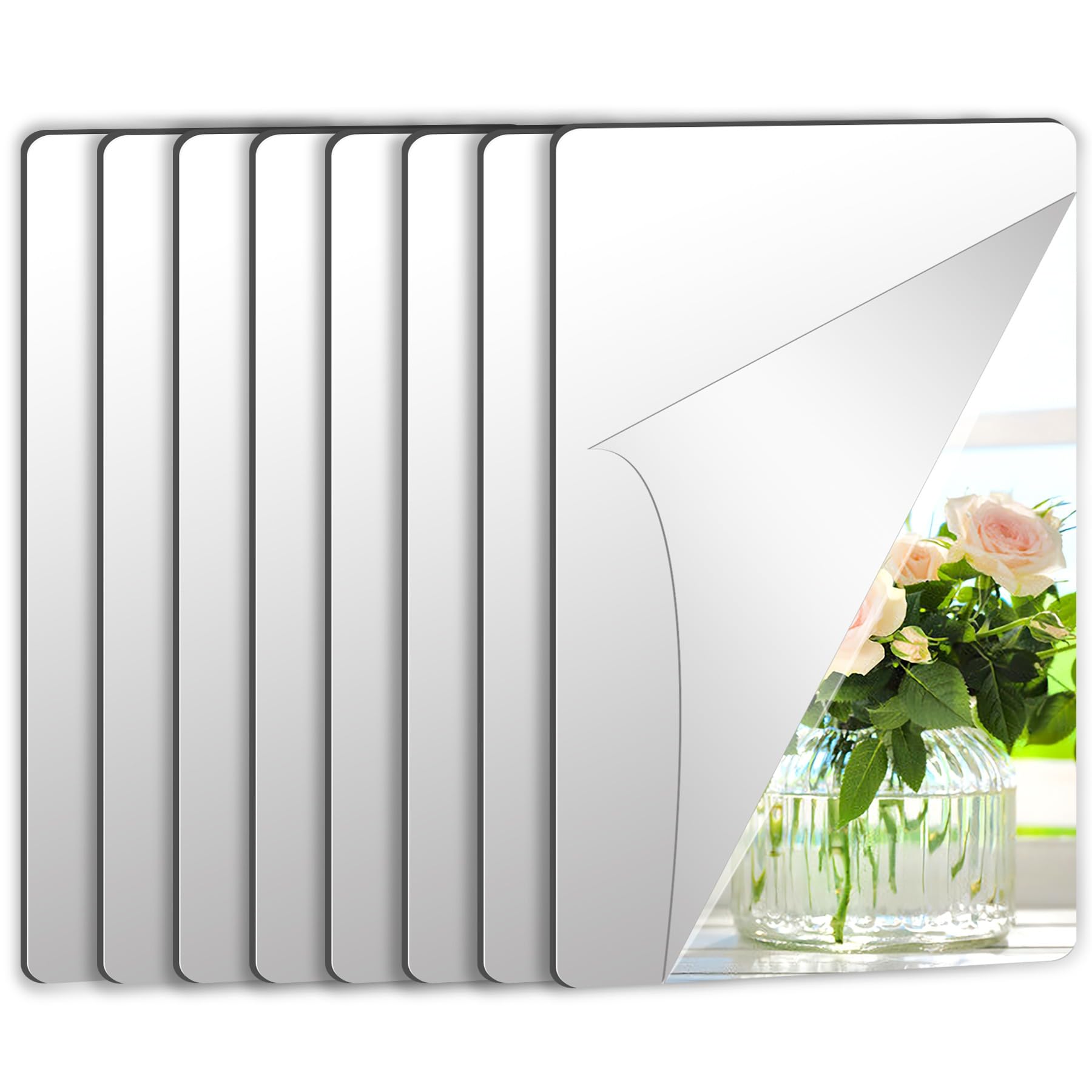 JUNEBRUSHS 8 Pack Self Adhesive Acrylic Mirror, 6X 9 Inch Mirror Tiles,Flexible Plastic Mirror Sheets Wall Stickers,2MM Thick Mi