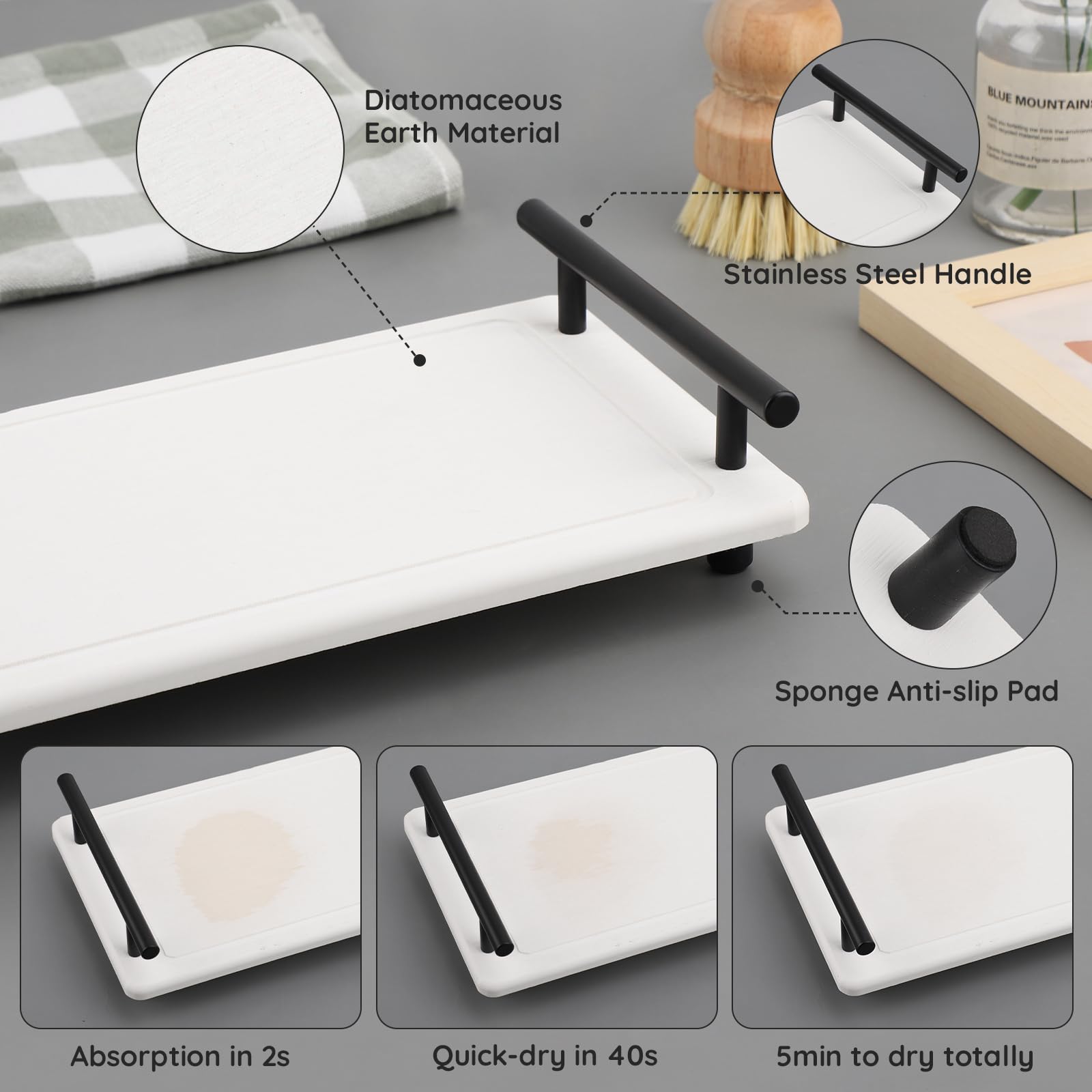 Segbeauty 12X6 Sink Caddy, Large Bathroom Tray Stone Drying Mat With Handle, Fast Drying Diatomaceous Earth Vanity Tray, Water A