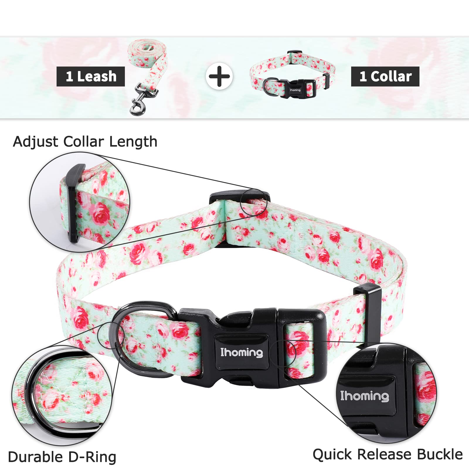 Ihoming Puppy Collar And Leash Set For Daily Outdoor Walking Running Training, Floral Greenlake Design For Extra Small Boys Girl
